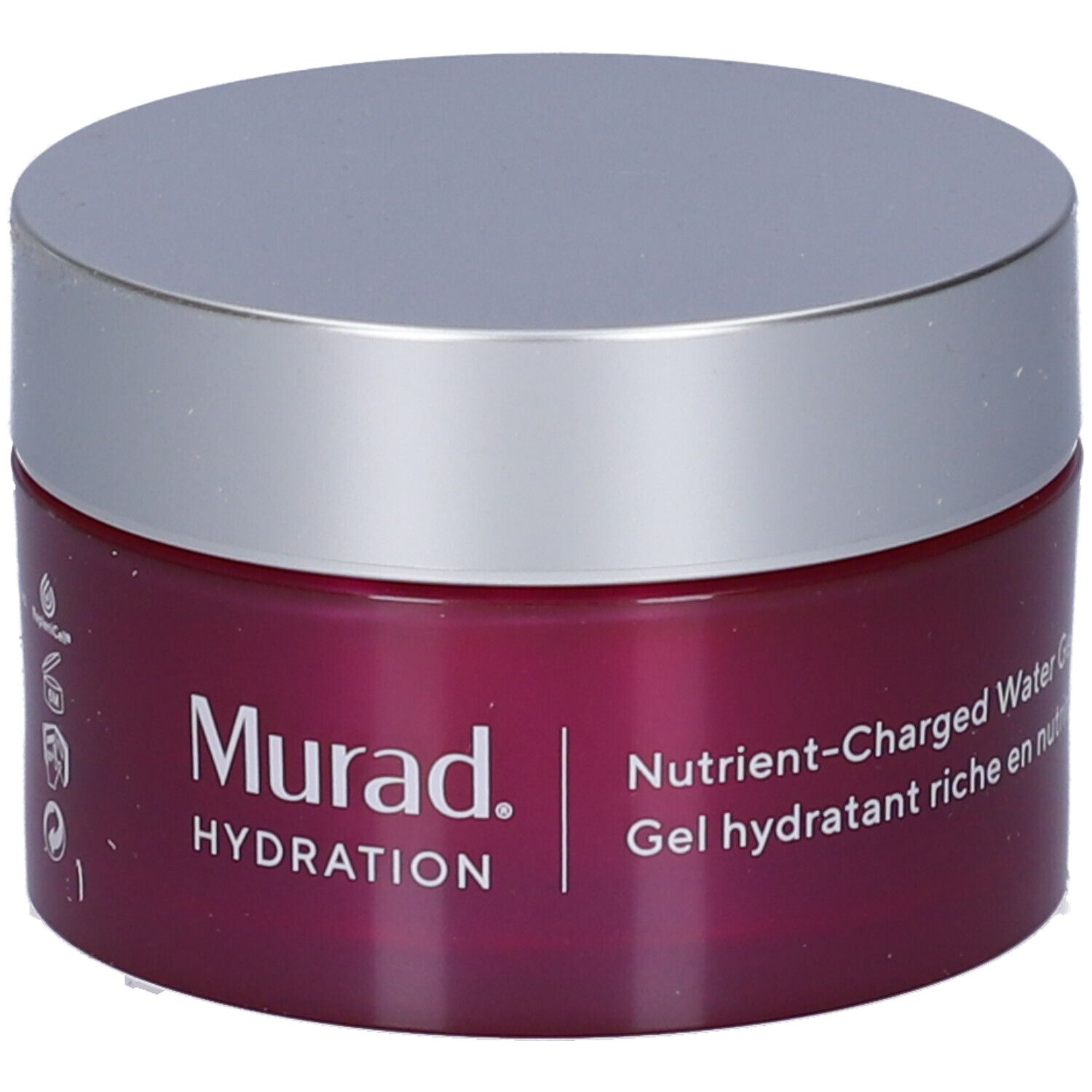 Vaso rotondo con coperchio argentato ed etichetta viola. Scritta: Murad, HYDRATION, Nutrient-Charged Water Gel, Gel idratante ricco di nutrienti.