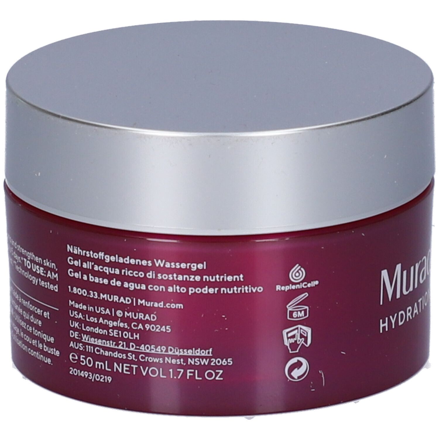 Vaso rotondo con coperchio argentato ed etichetta viola. Scritta: Murad, HYDRATION, Nutrient-Charged Water Gel, Gel idratante ricco di nutrienti. Testo.