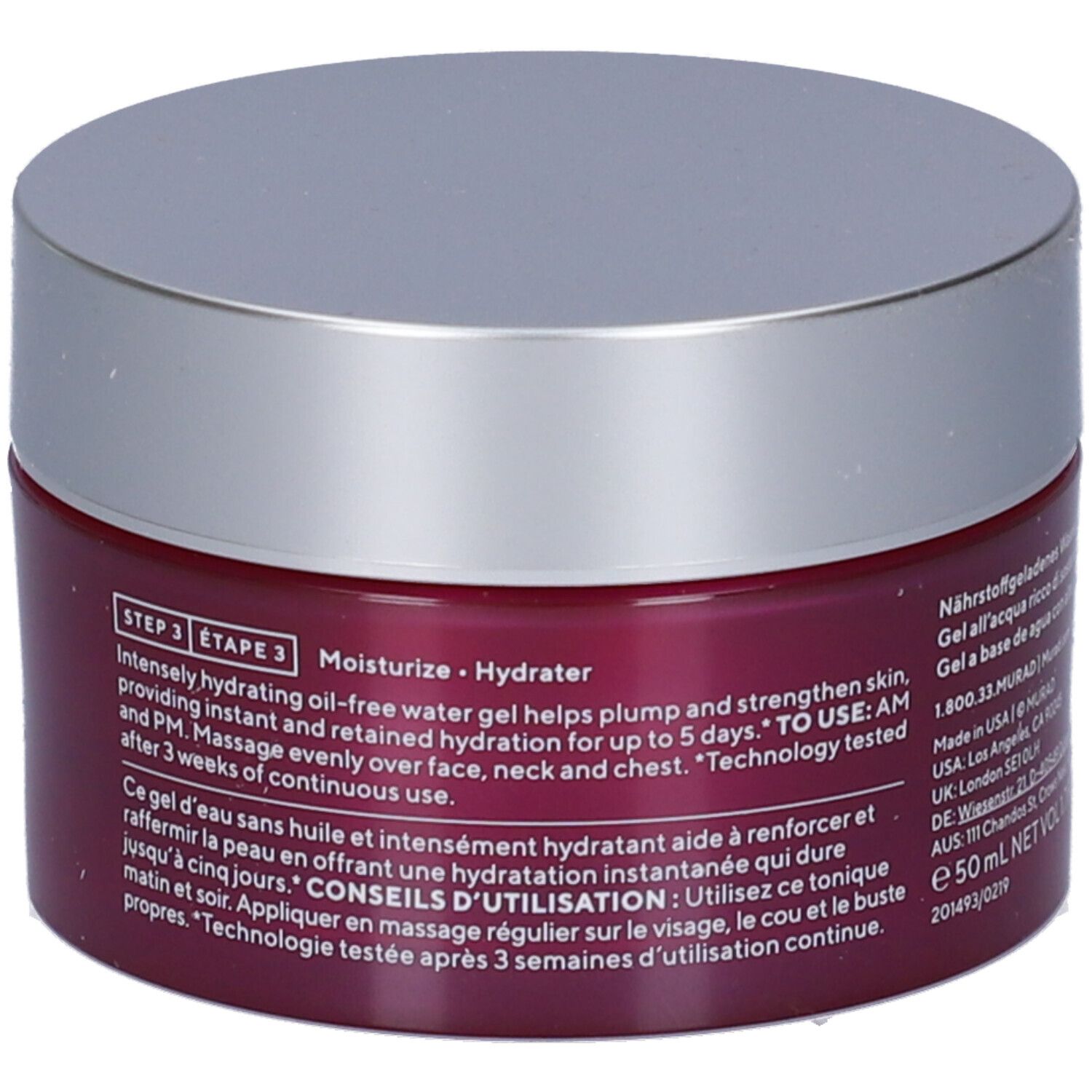 Vaso rotondo con coperchio argentato ed etichetta viola. Scritta: Murad, Nutrient-Charged Water Gel, Gel idratante ricco di nutrienti.