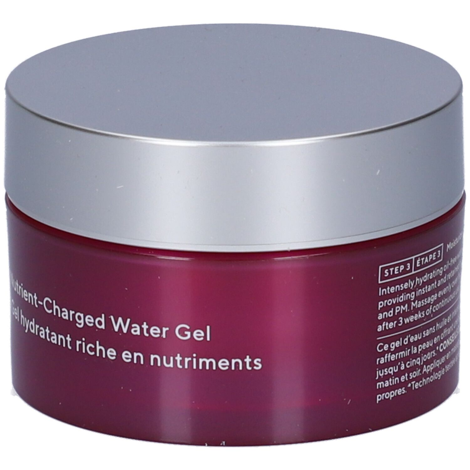 Vaso rotondo con coperchio argentato ed etichetta viola. Scritta: Murad, Nutrient-Charged Water Gel, Gel idratante ricco di nutrienti.