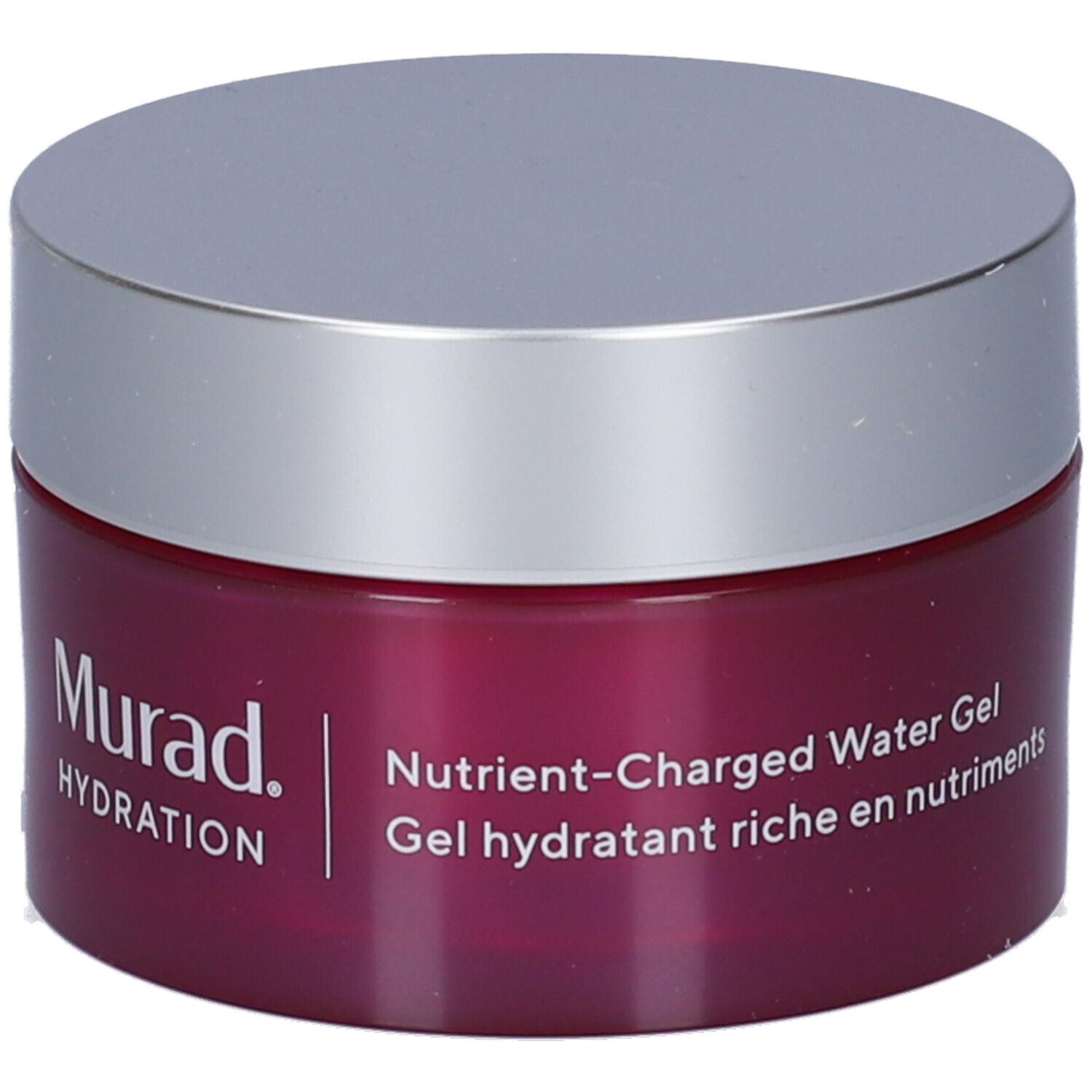 Vaso rotondo con coperchio argentato ed etichetta viola. Scritta: Murad, HYDRATION, Nutrient-Charged Water Gel, Gel idratante ricco di nutrienti.