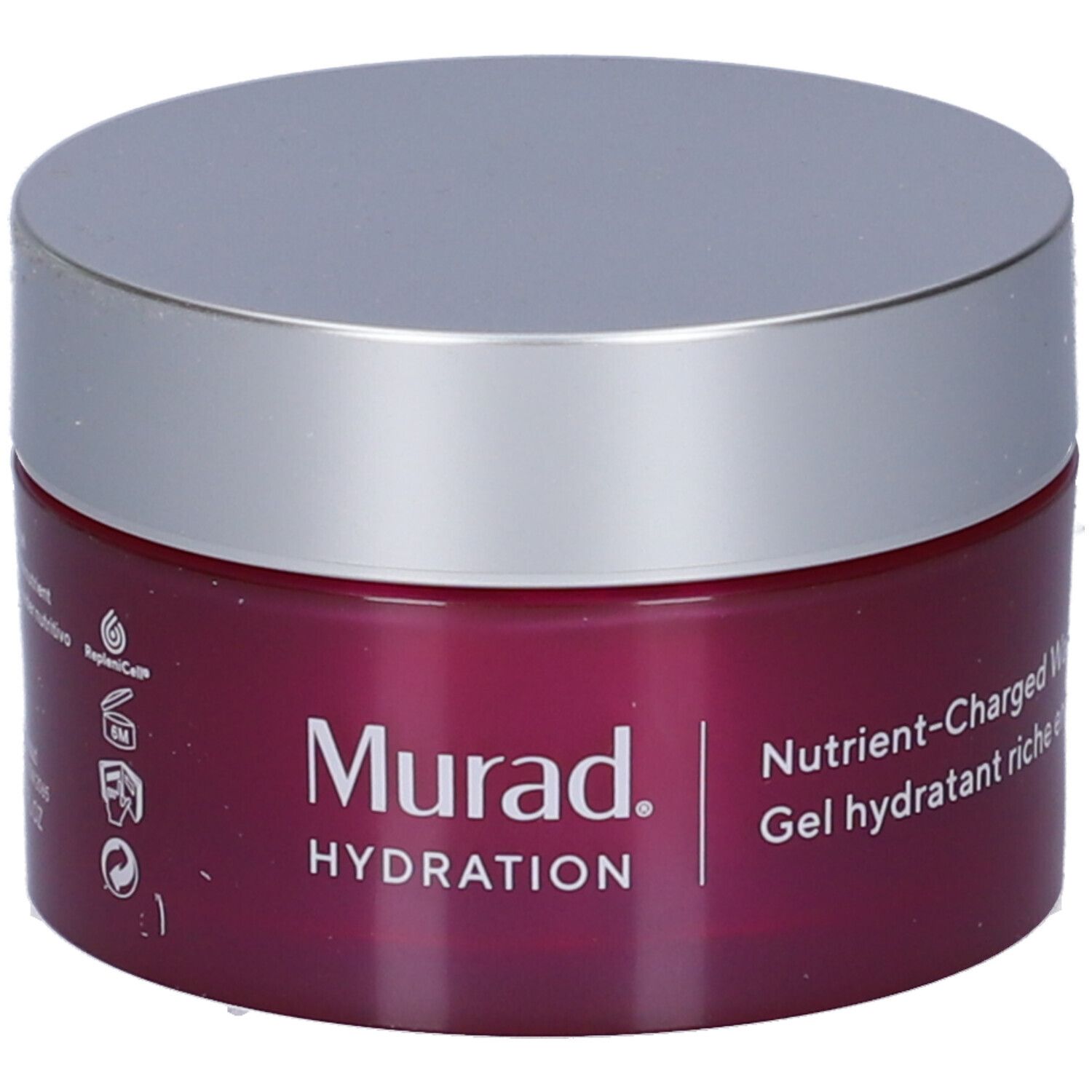 Vaso rotondo con coperchio argentato ed etichetta viola. Scritta: Murad, HYDRATION, Nutrient-Charged Water Gel, Gel idratante ricco di nutrienti.