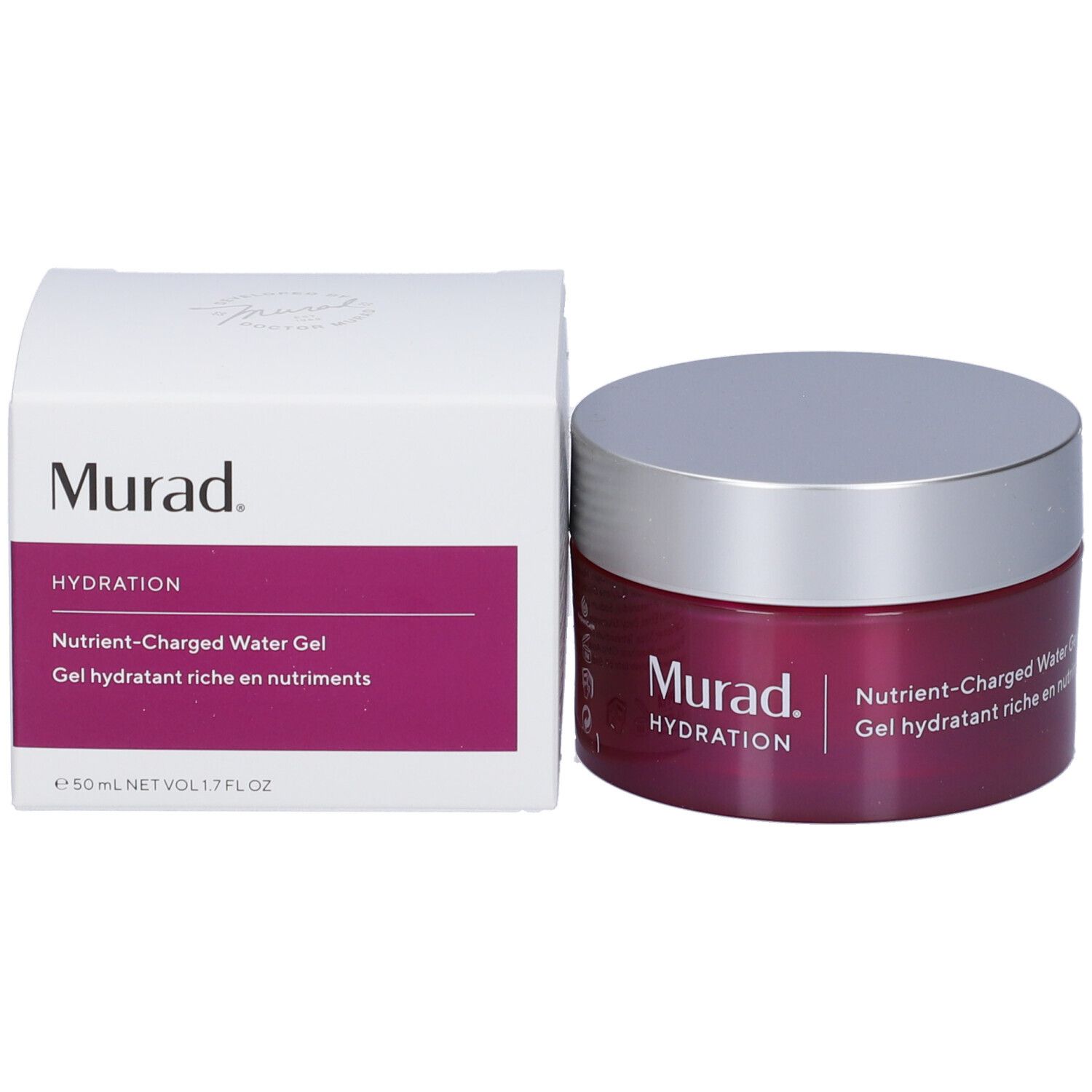 Confezione del prodotto con vaso e scatola. Vaso con coperchio argentato ed etichetta viola. Scatola con scritta Murad.