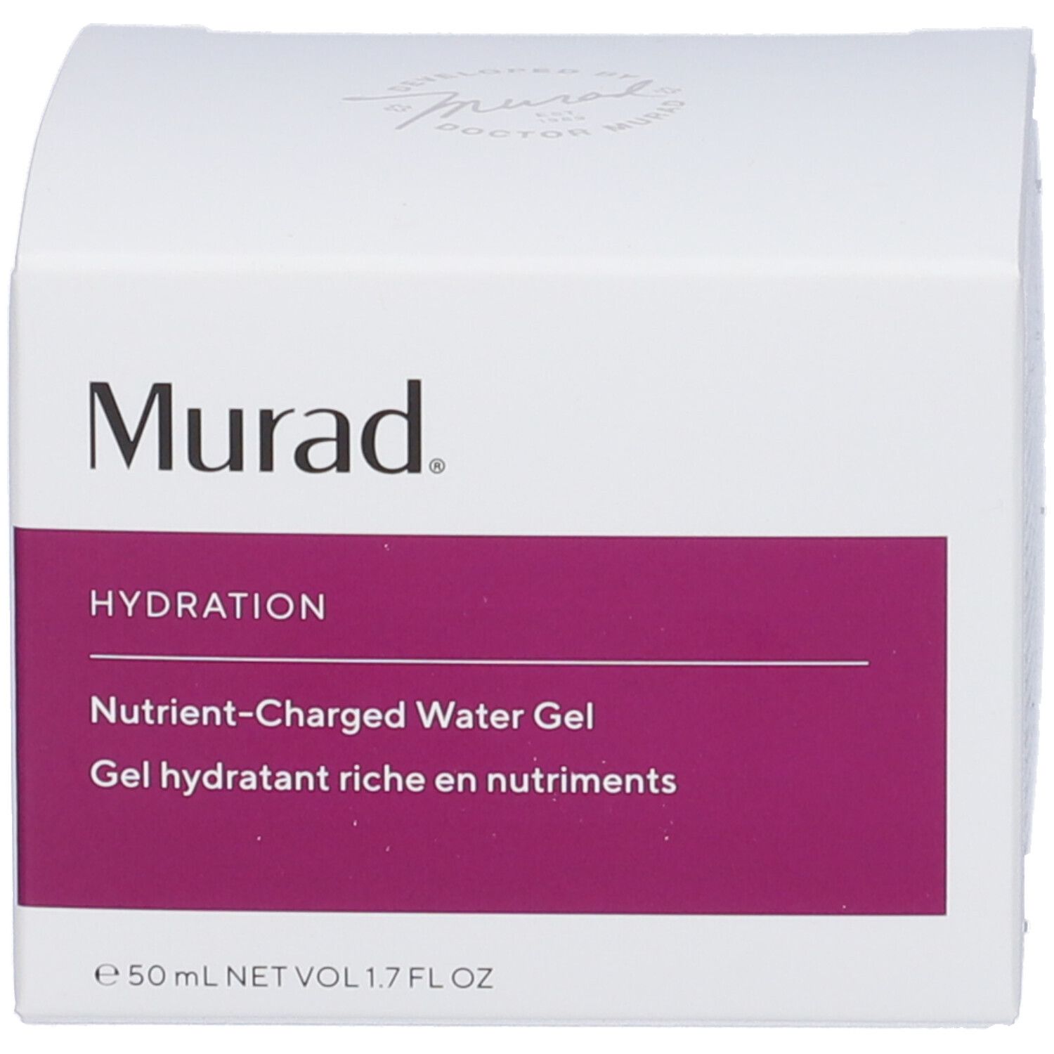Scatola bianca con scritta Murad ed etichetta viola. Scritta: Nutrient-Charged Water Gel, Gel idratante ricco di nutrienti.