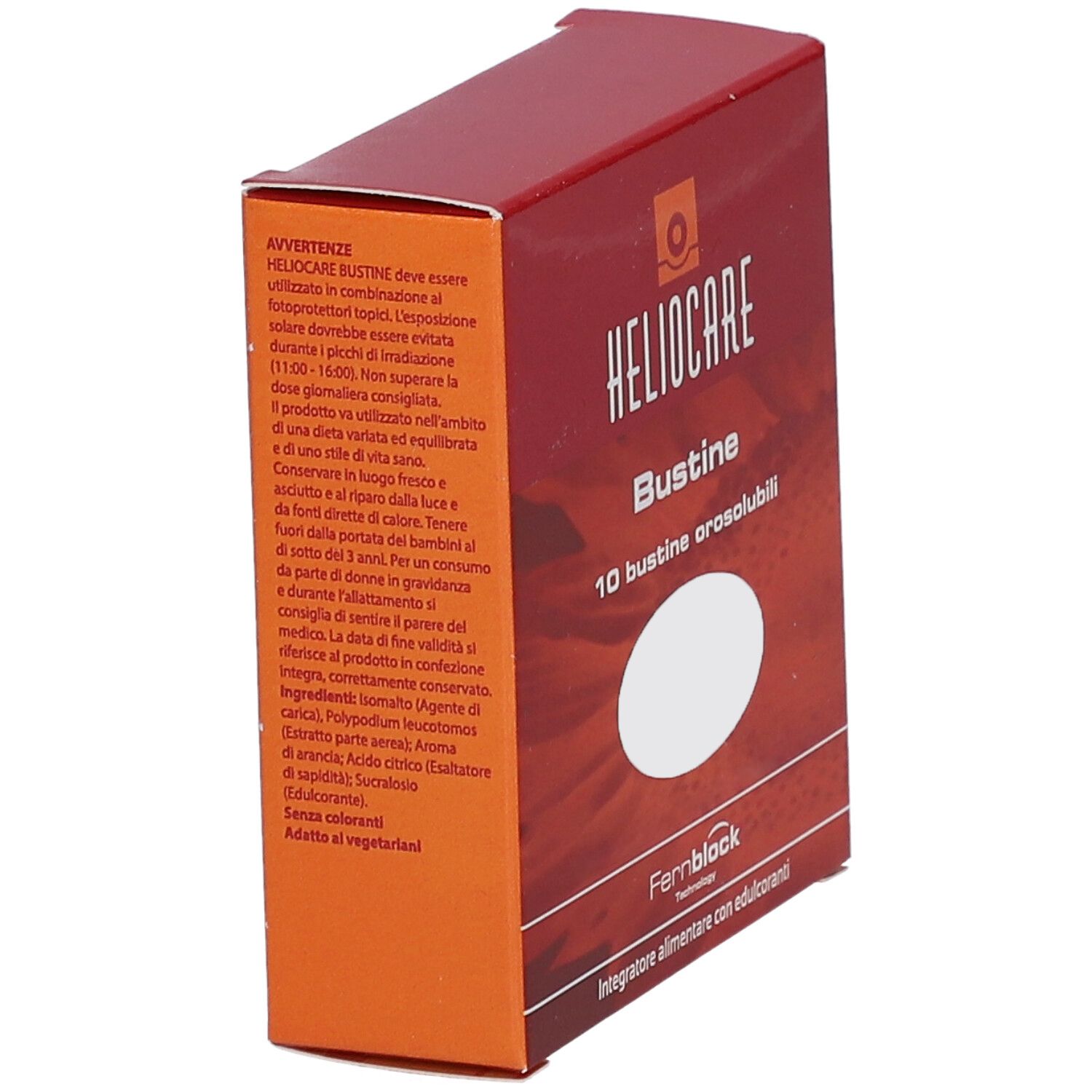 Scatola rossa, "HELIOCARE Bustine". Testo in italiano. "Fernblock Technology". Contiene 10 bustine orosolubili. Avvertenze sul lato.