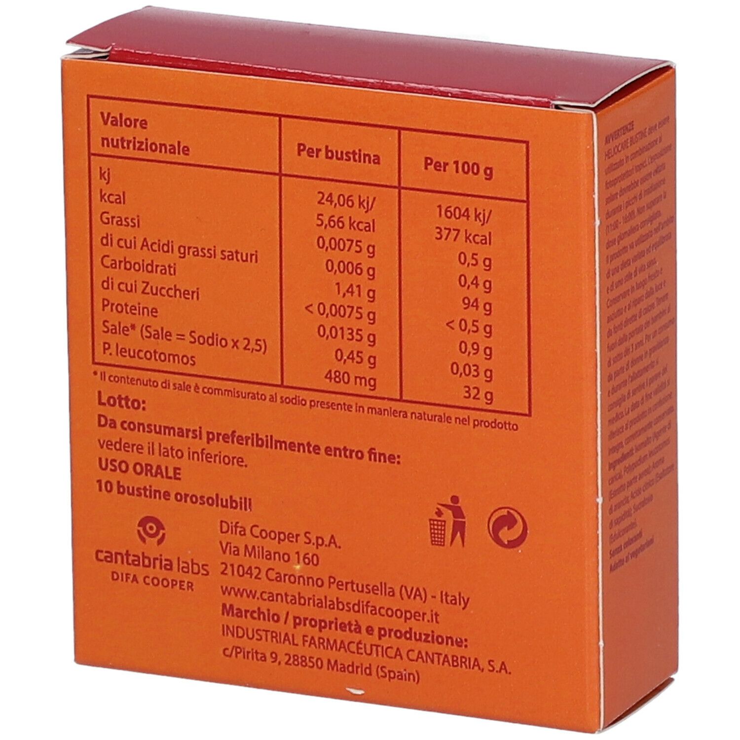 Retro della scatola "HELIOCARE Bustine". Tabella nutrizionale. Informazioni produttore: Difa Cooper S.p.A. e Industrial Farmacéutica Cantabria.