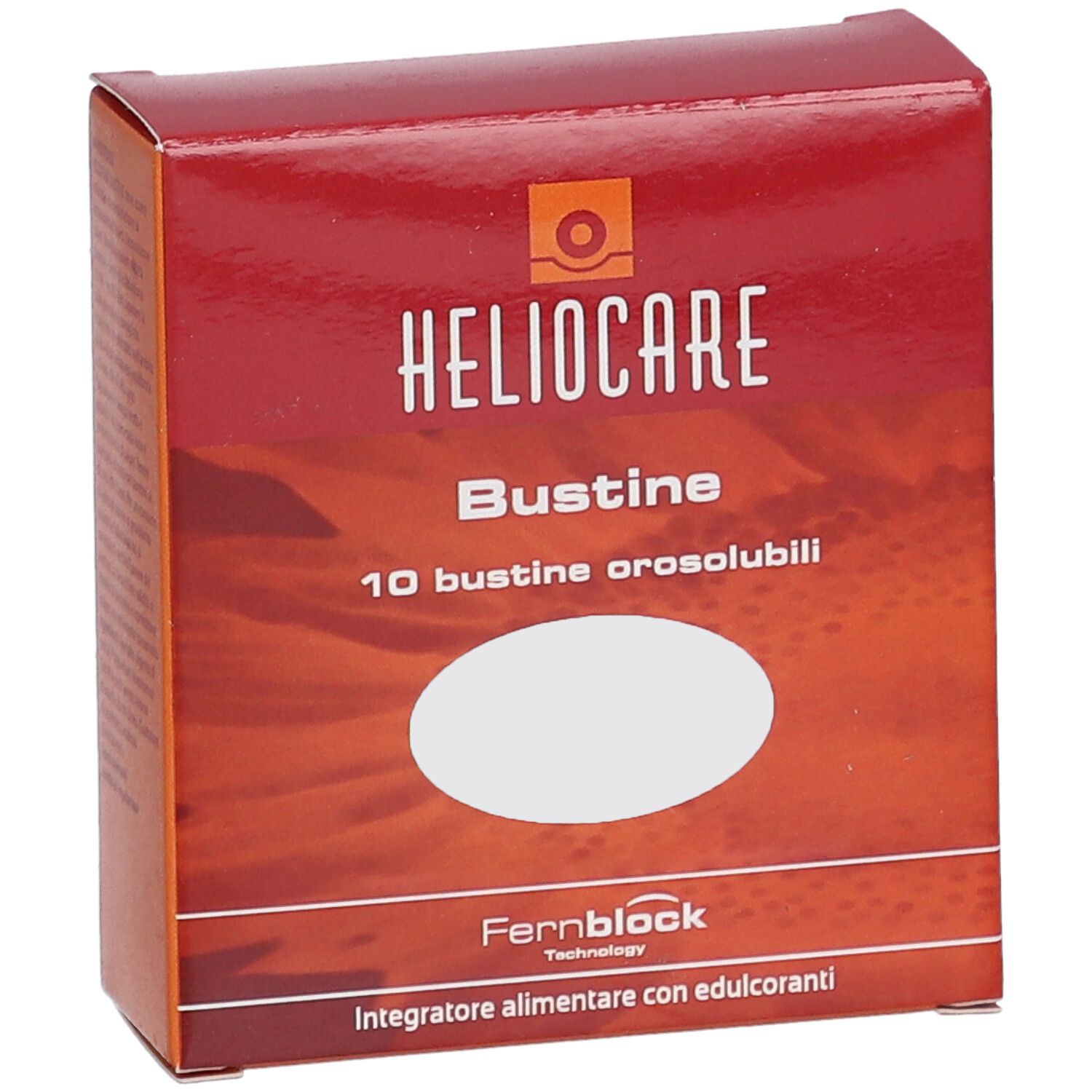 Scatola rossa "HELIOCARE Bustine". Contiene 10 bustine orosolubili. "Fernblock Technology" e "Integratore alimentare con edulcoranti".