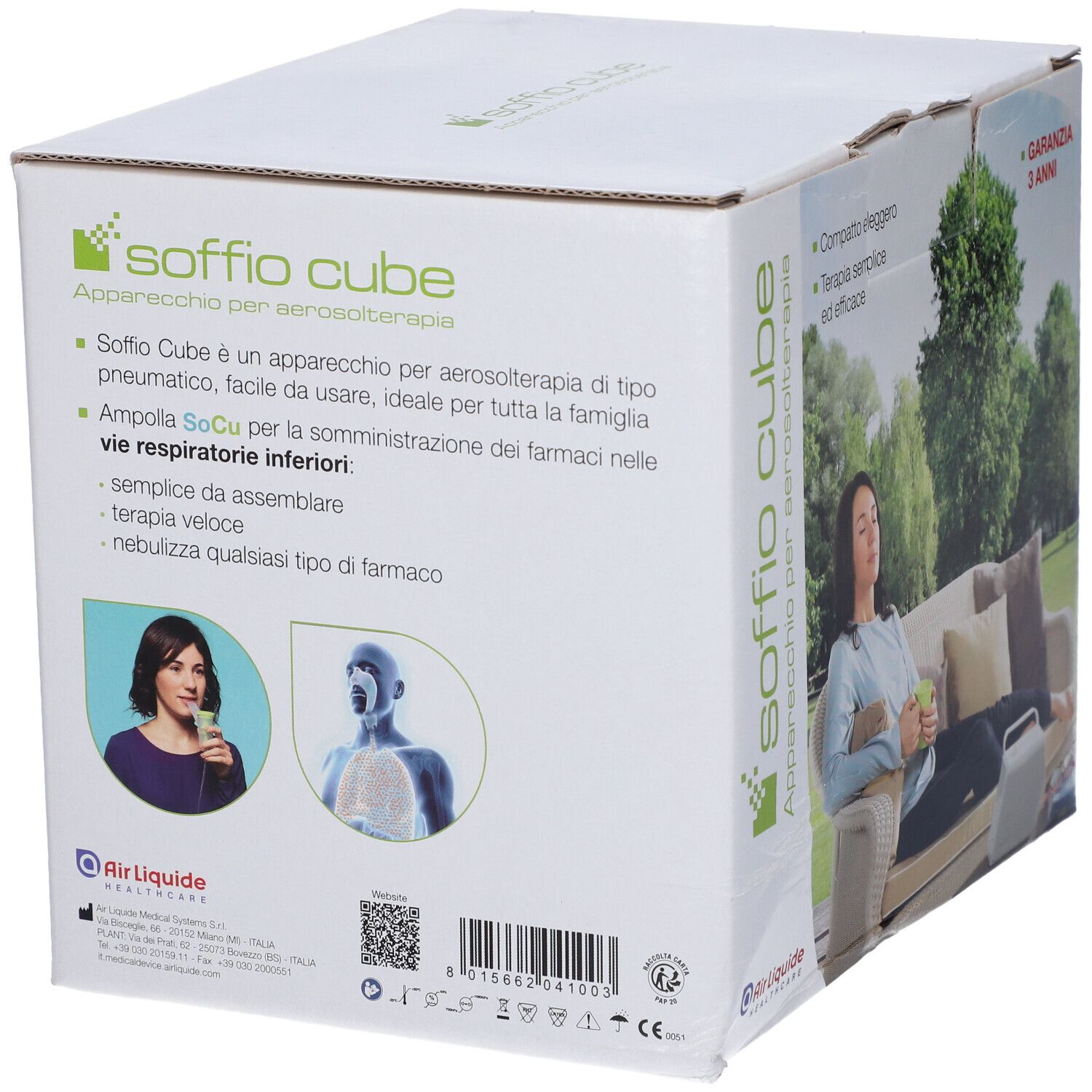 Scatola dell'apparecchio per aerosol Soffio Cube. Scritte: Garanzia 3 anni, Air Liquide Healthcare. Illustrazioni: donna con inalatore, torace.
