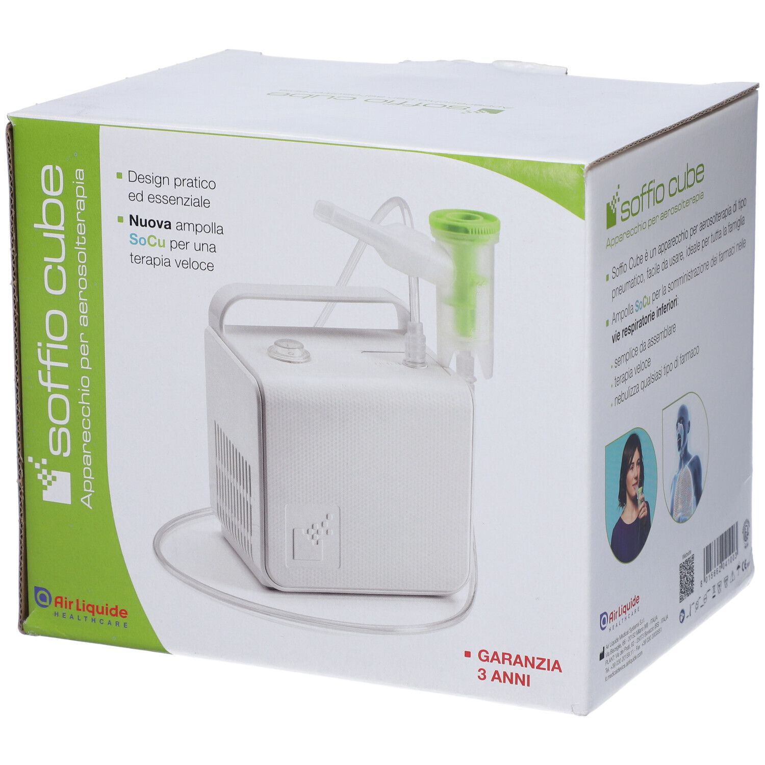 Scatola dell'apparecchio per aerosol Soffio Cube. Apparecchio con accessori. Scritte: Garanzia 3 anni, Air Liquide Healthcare. Inalatore verde.