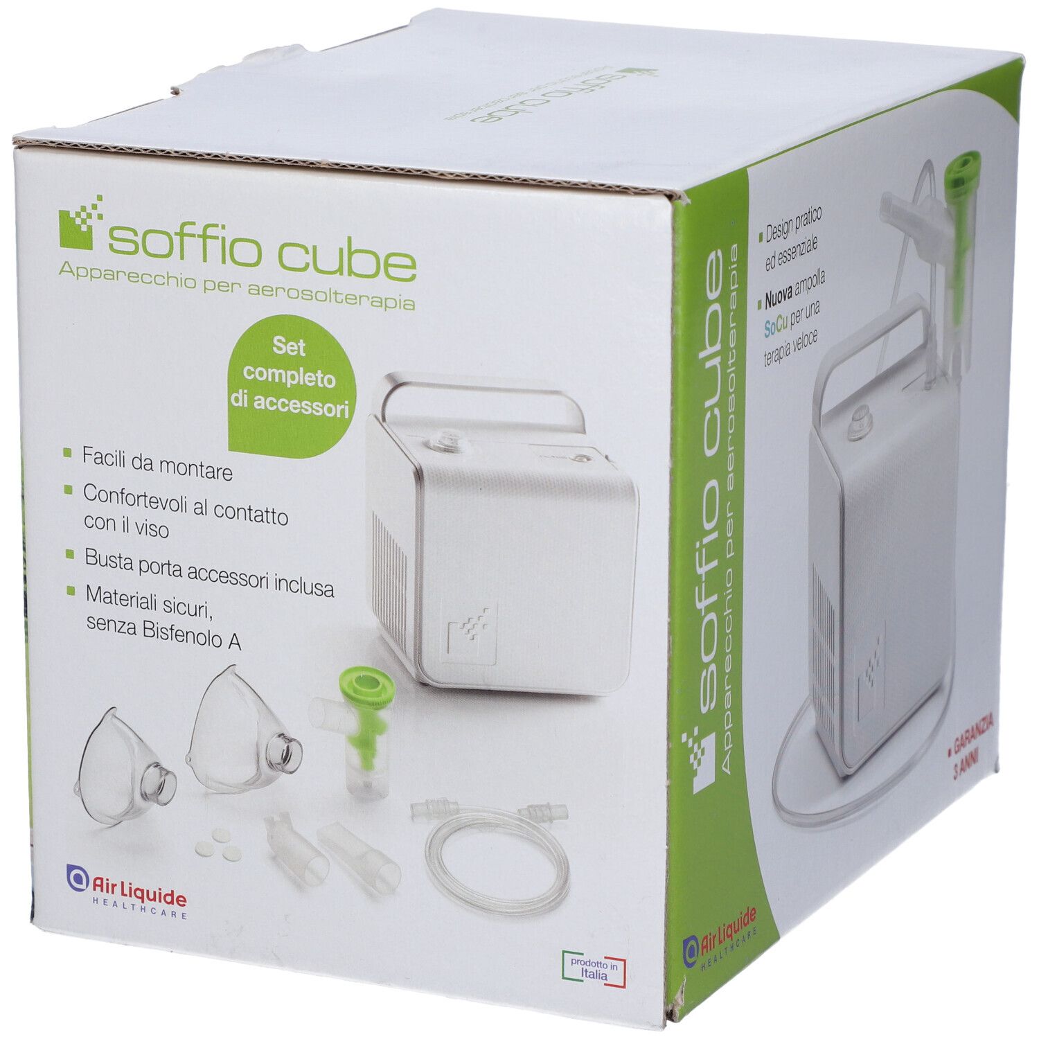 Scatola dell'apparecchio per aerosol Soffio Cube. Accessori: maschere, inalatore, tubo. Scritte: Air Liquide Healthcare.