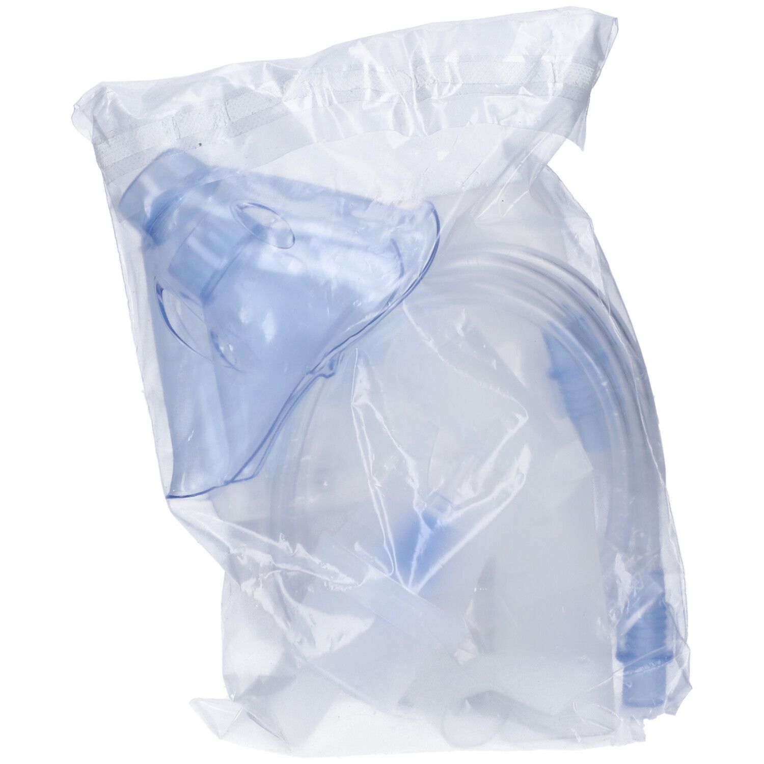 Kit accessori Soffio Cube in sacchetto trasparente. Include maschera e tubo. Componenti blu e trasparenti visibili.