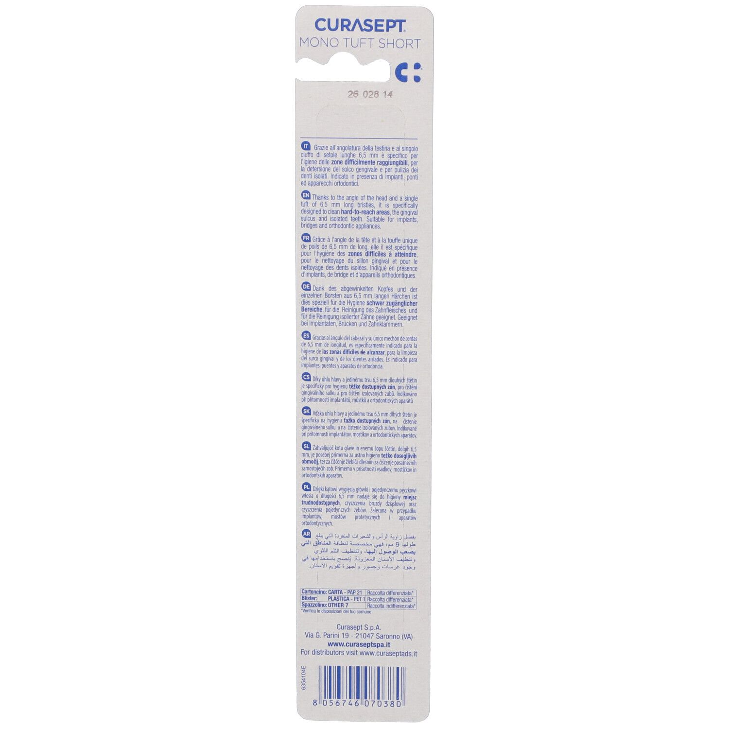 Confezione per spazzolino Curasept Mono Tuft Short con istruzioni multilingue e codice a barre.