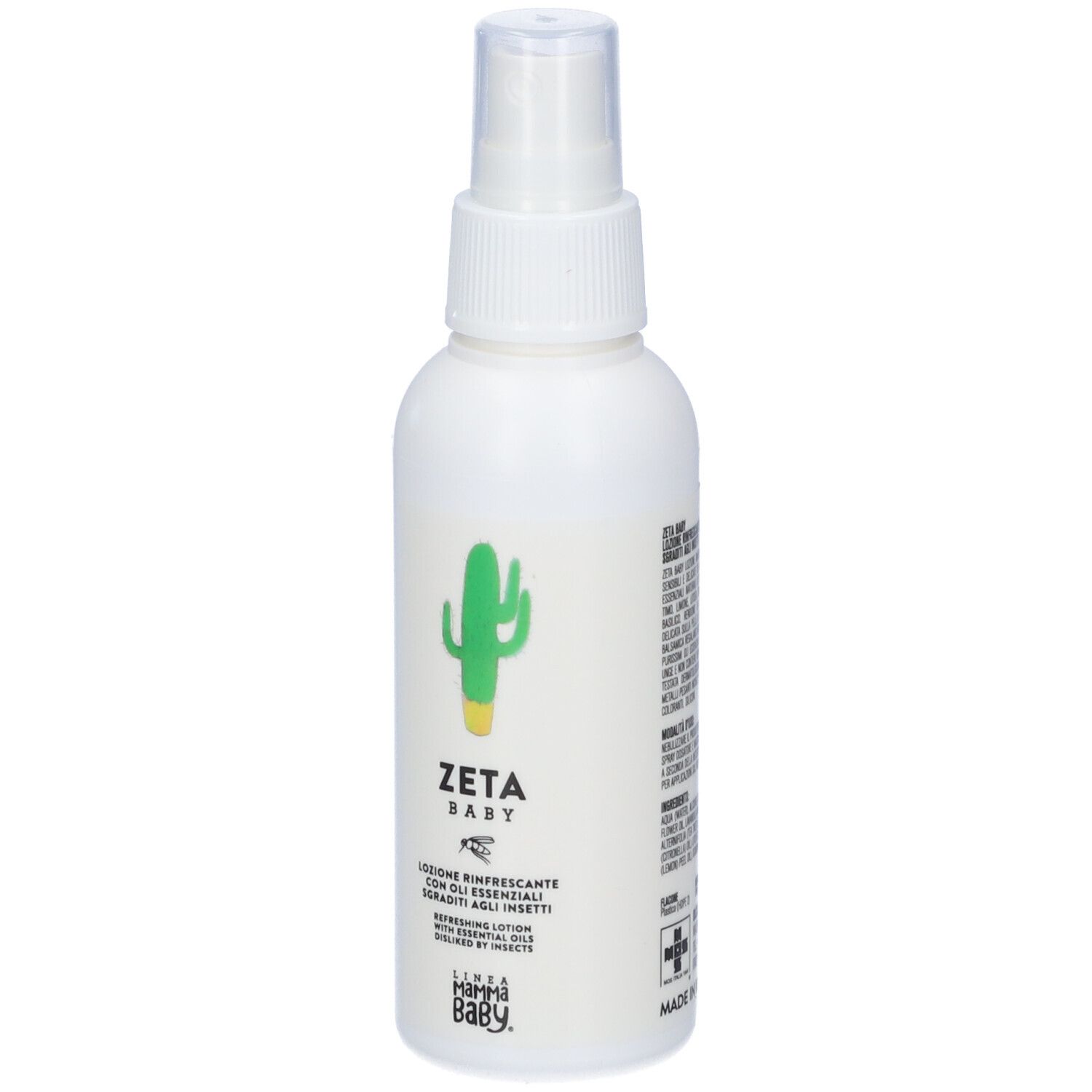 Flacone spray bianco. Testo: Zeta Baby, Lozione Rinfrescante con oli essenziali. Ingredienti e istruzioni per l'uso.