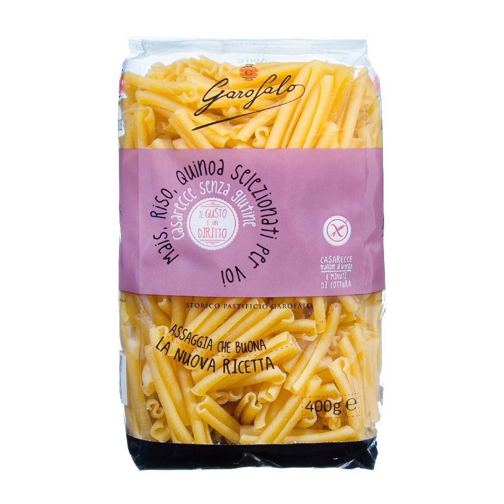 Confezione di Garofalo Caserecce Senza Glutine. Etichetta rosa con testo. Prodotto senza glutine. 400g.