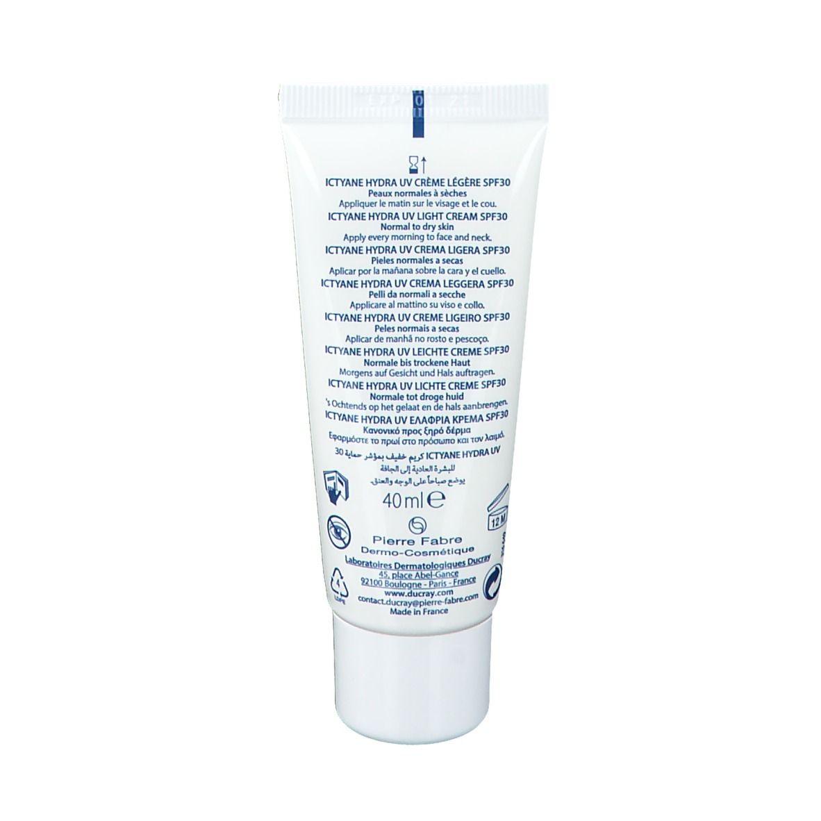 Retro del tubo. Ictyane Hydra UV Crème Légère SPF30. 40ml. Ingredienti e informazioni produttore.