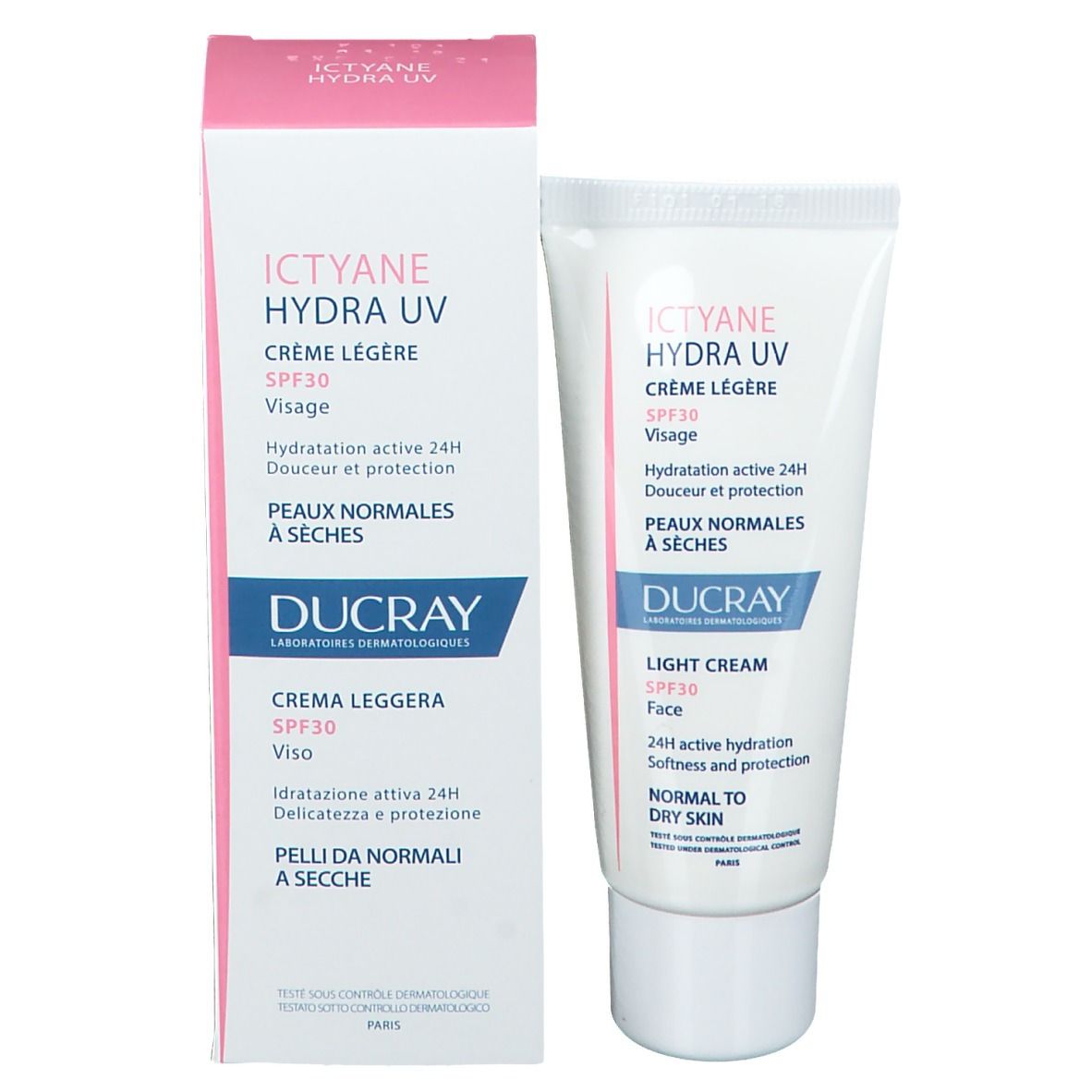 Confezione prodotto con tubo e scatola. Ictyane Hydra UV Crème Légère SPF30. Per pelli normali a secche.