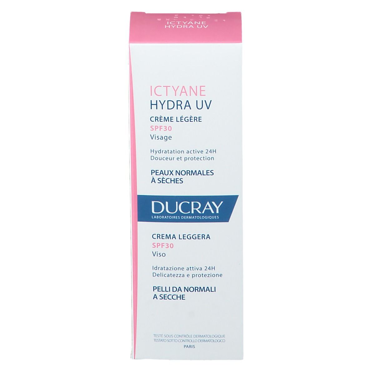 Scatola con Ictyane Hydra UV Crème Légère SPF30. Per pelli normali a secche. Ingredienti sul retro.