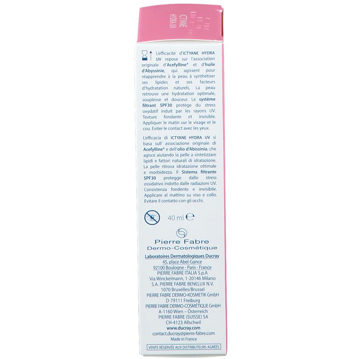 Retro della scatola. Ictyane Hydra UV Crème Légère SPF30. 40 ml. Ingredienti e informazioni produttore.