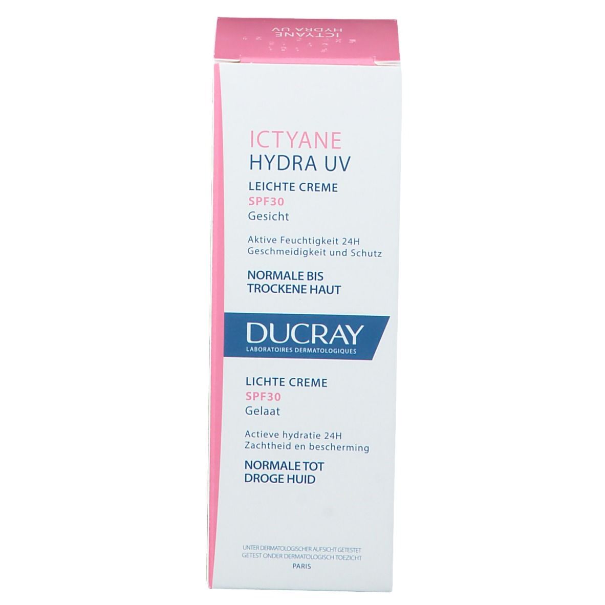 Scatola con Ictyane Hydra UV Crema Leggera SPF30. Per pelli normali a secche. Ingredienti sul retro.