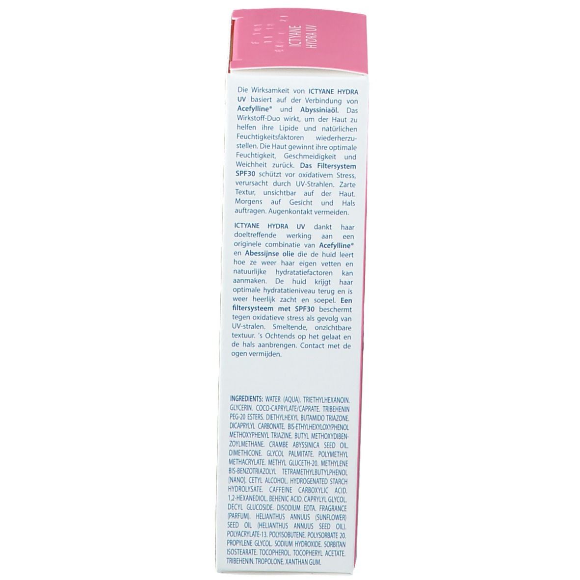 Retro della scatola. Ictyane Hydra UV Crema Leggera SPF30. Ingredienti e informazioni produttore.