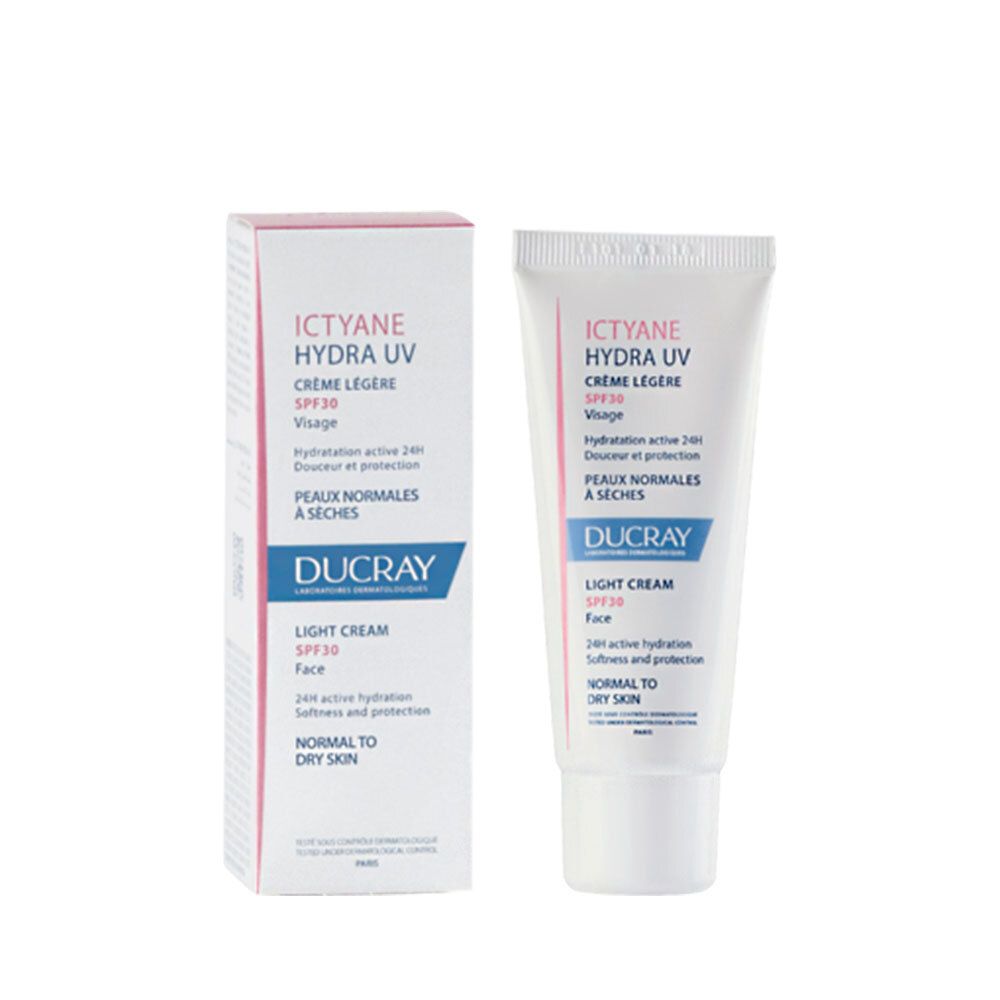 Confezione prodotto con tubo e scatola. Ictyane Hydra UV Crème Légère SPF30. Per pelli normali a secche.