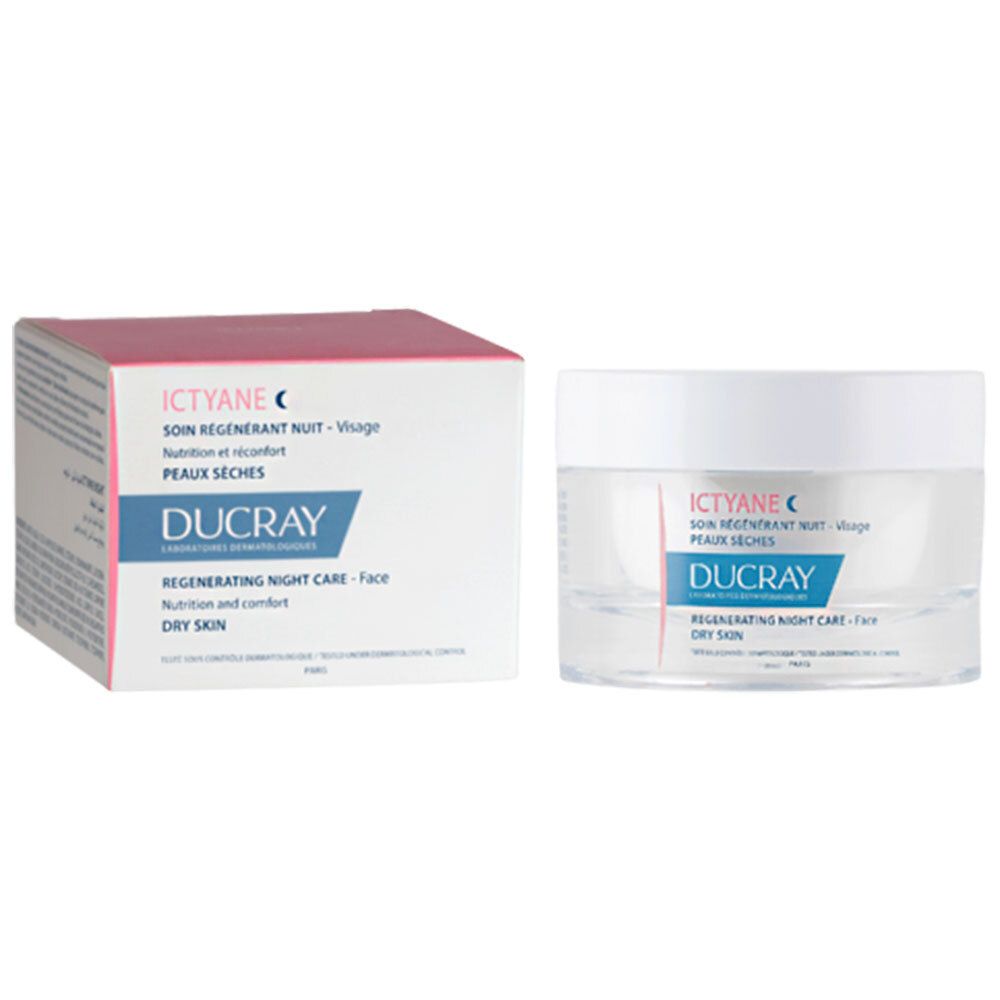 Vasetto di crema e scatola. Scritta: ICTYANE, DUCRAY. Trattamento notte rigenerante per pelli secche.