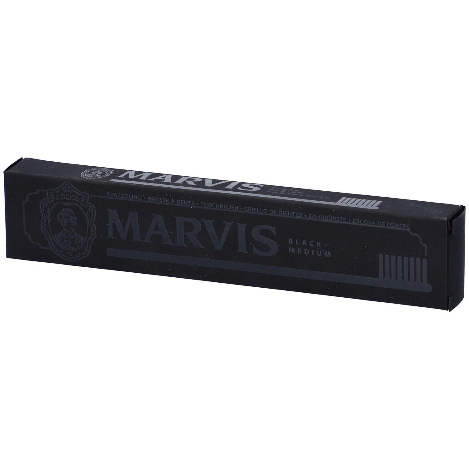 Confezione rettangolare nera con logo MARVIS. Scritta: Black Medium Toothbrush. Illustrazione spazzolino.