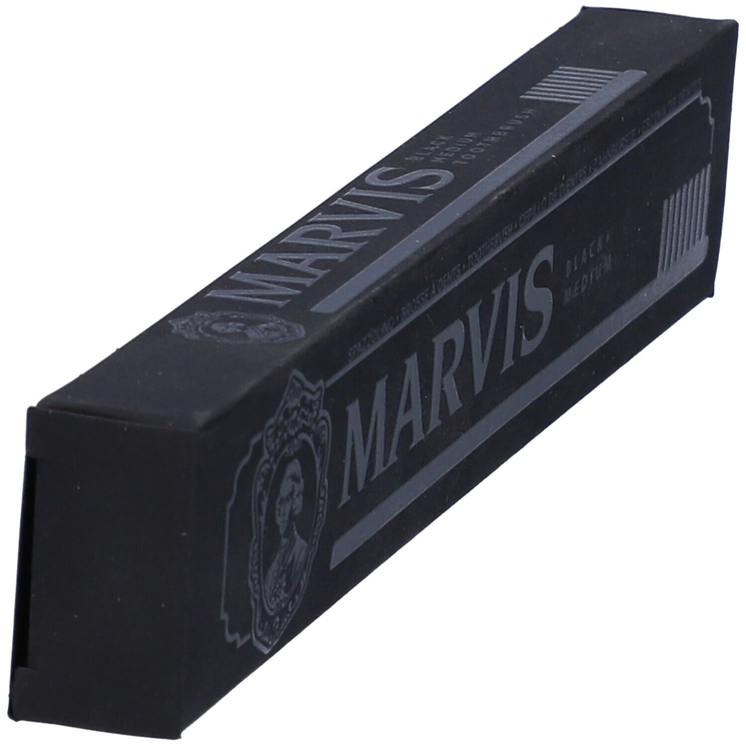 Confezione rettangolare nera con logo MARVIS. Scritta: Black Medium Toothbrush. Illustrazione spazzolino.