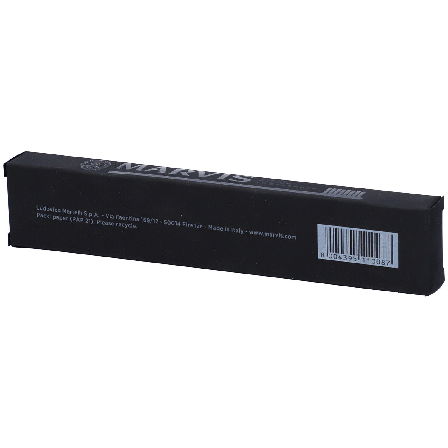 Confezione rettangolare nera con logo MARVIS. Scritta: Black Medium Toothbrush. Illustrazione spazzolino.