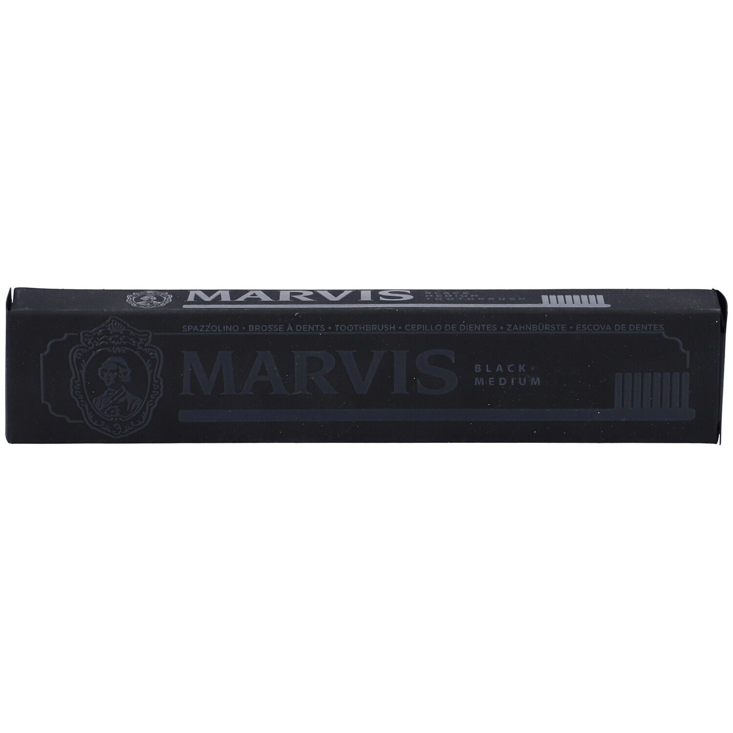 Confezione rettangolare nera con logo MARVIS. Scritta: Black Medium. Illustrazione spazzolino.