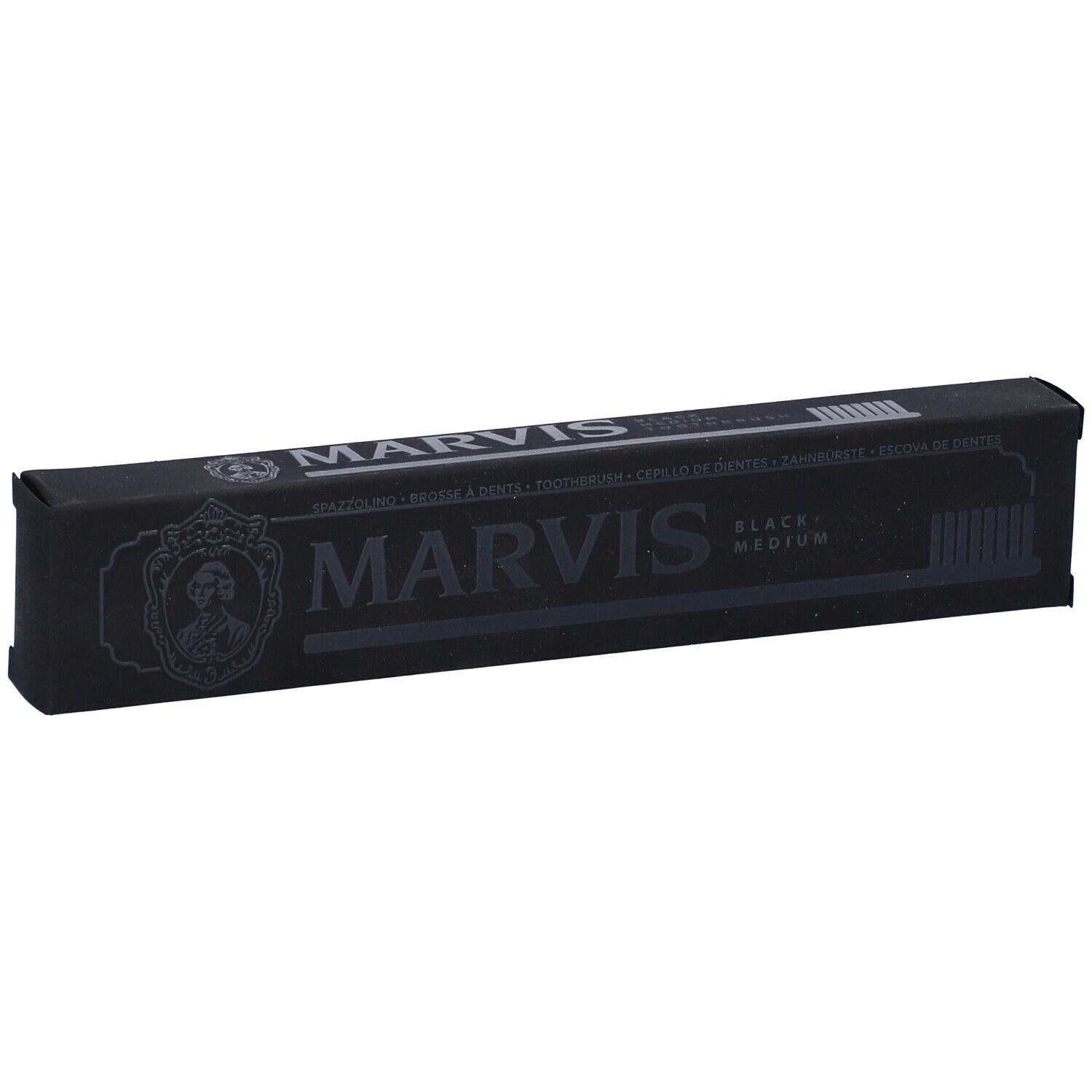 Confezione rettangolare nera con logo MARVIS. Scritta: Black Medium. Illustrazione spazzolino.