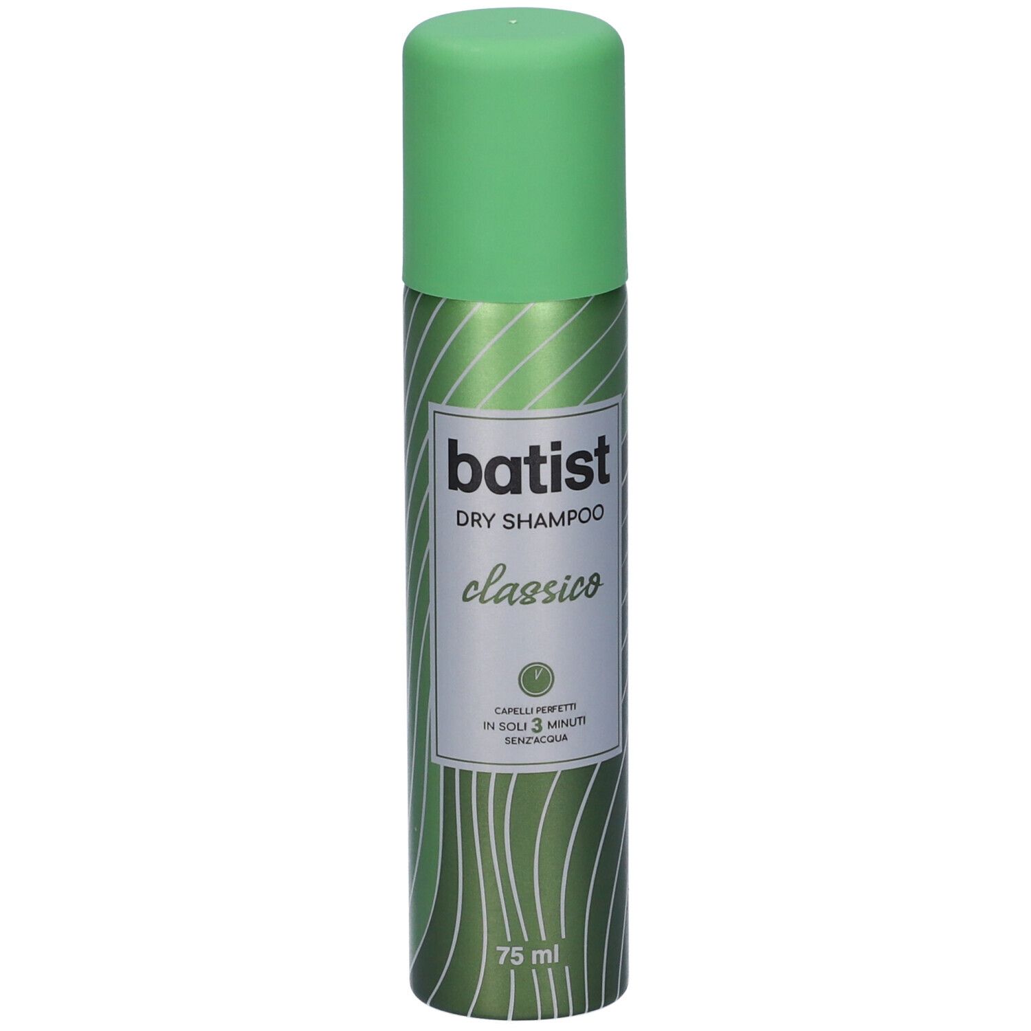 Spray di shampoo secco con tappo verde. Scritta: Batist Dry Shampoo Classico. Contenuto: 75 ml.