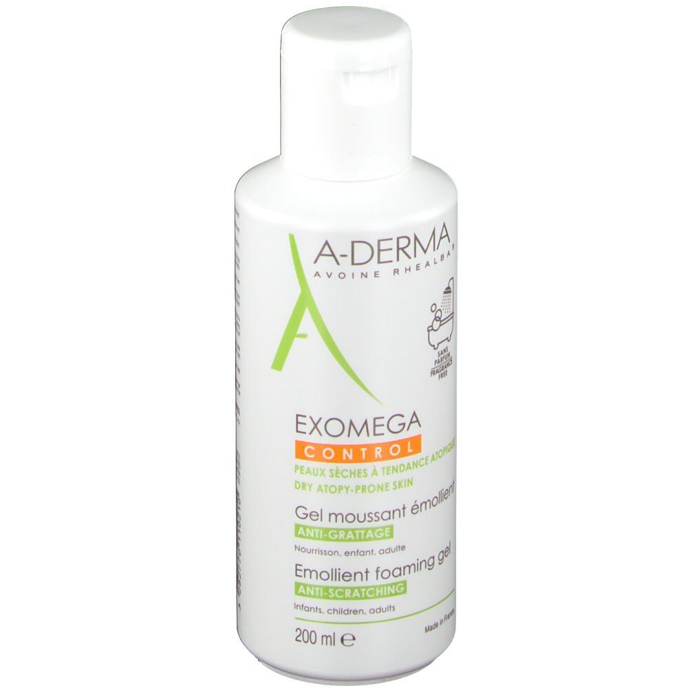 Flacone bianco con etichetta A-DERMA EXOMEGA CONTROL. Testo in francese e inglese. Chiusura a scatto.
