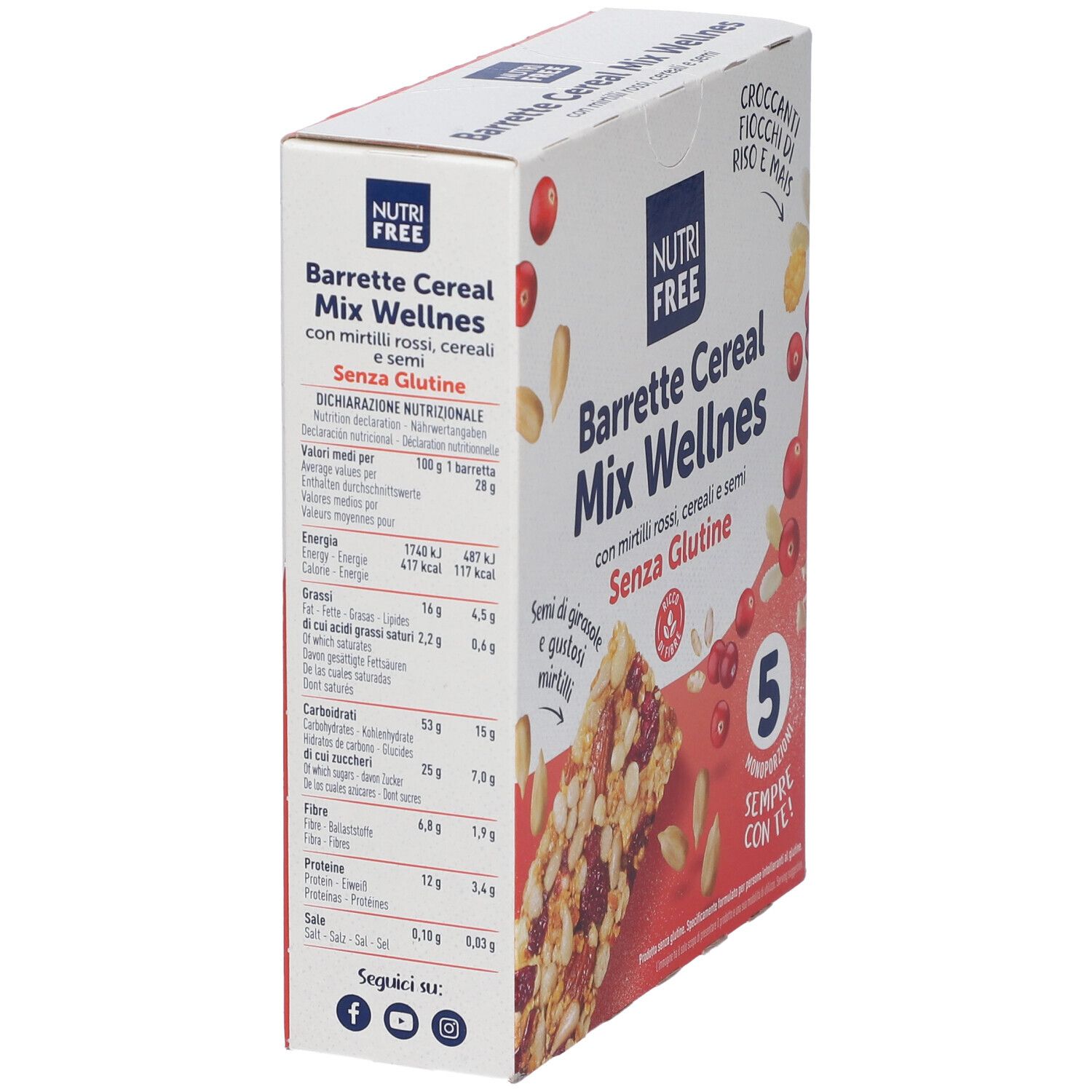 Confezione di Barrette Cereal Mix Wellness, vista laterale. Contiene informazioni nutrizionali. Senza glutine. Mirtilli rossi, cereali e semi.