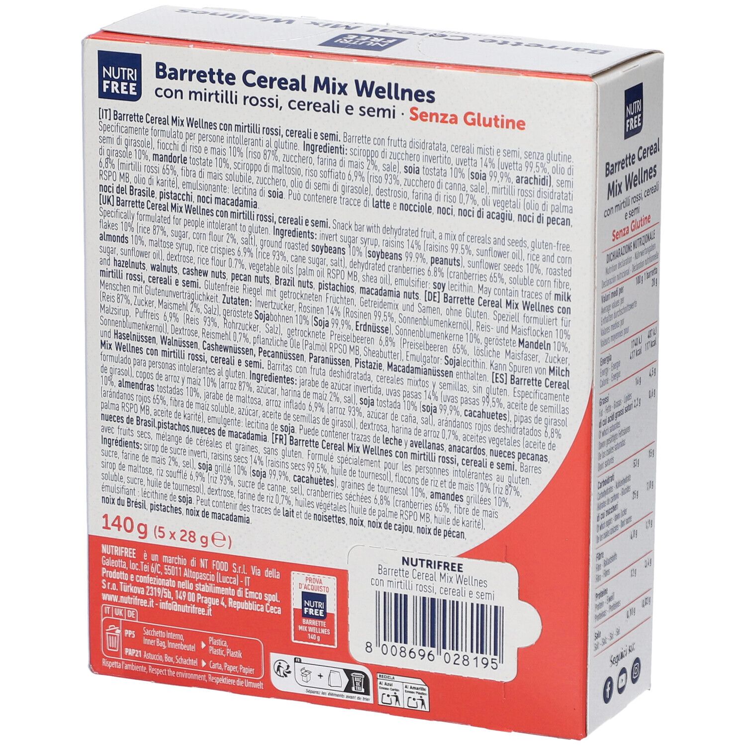 Retro della confezione di Barrette Cereal Mix Wellness. Contiene elenco ingredienti e informazioni nutrizionali. Senza glutine.