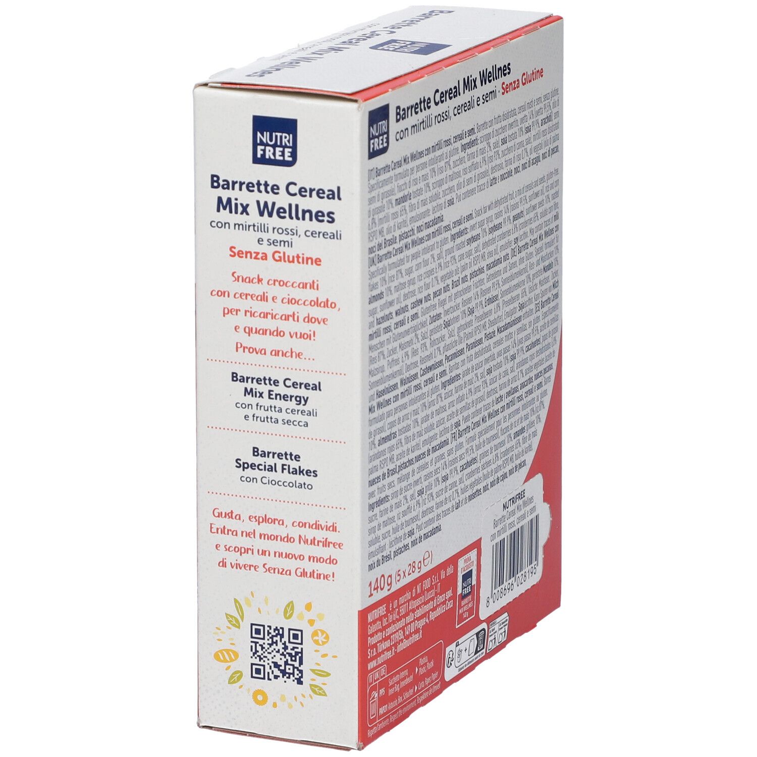 Vista laterale della confezione di Barrette Cereal Mix Wellness. Contiene informazioni sul prodotto. Senza glutine. 140g (5 x 28g).