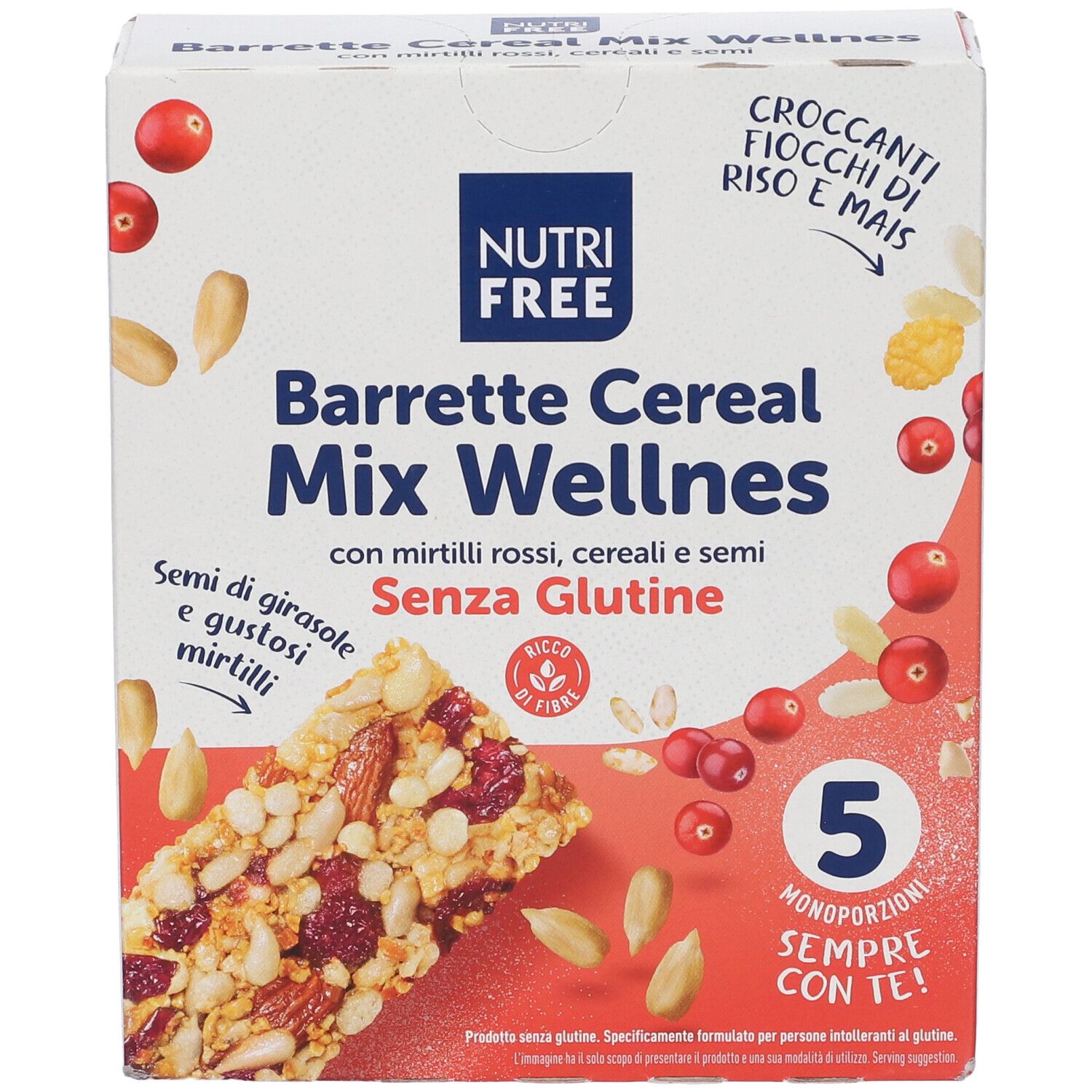 Confezione di Barrette Cereal Mix Wellness. Contiene 5 monoporzioni. Senza glutine. Mirtilli rossi, semi di girasole e mirtilli.