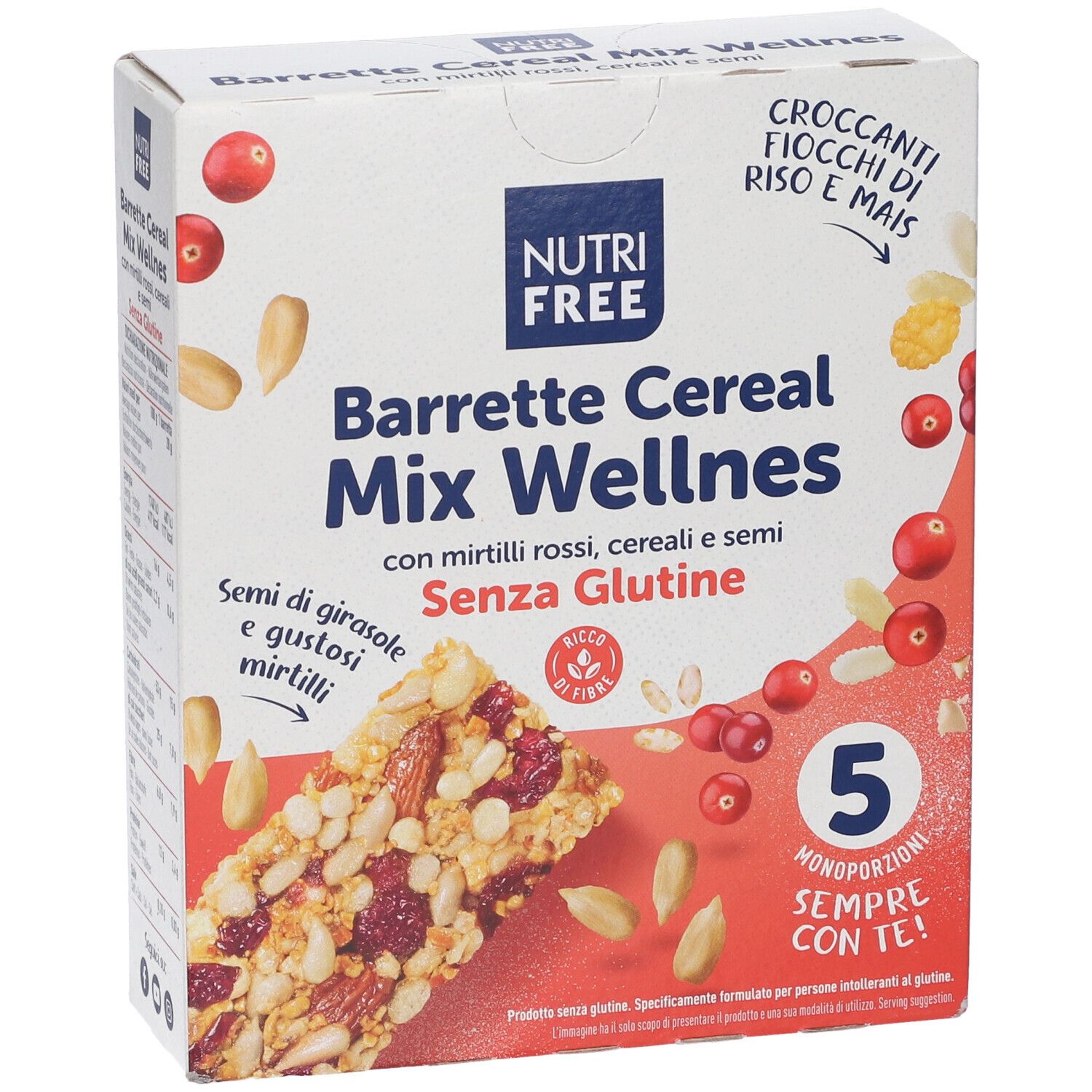 Confezione di Barrette Cereal Mix Wellness. Contiene 5 monoporzioni. Senza glutine. Mirtilli rossi, semi di girasole e mirtilli.