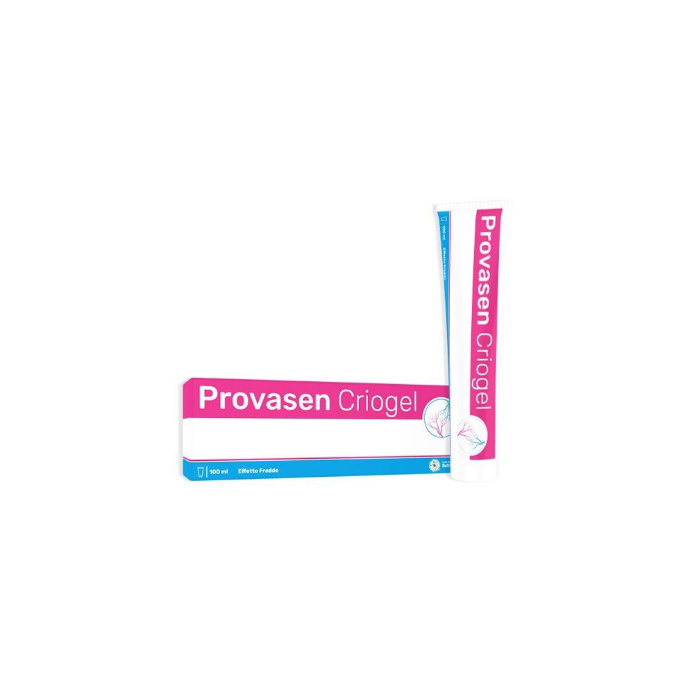 Confezione e tubo con nome del prodotto. Colori rosa e blu. Scritta 'Provasen Criogel'.