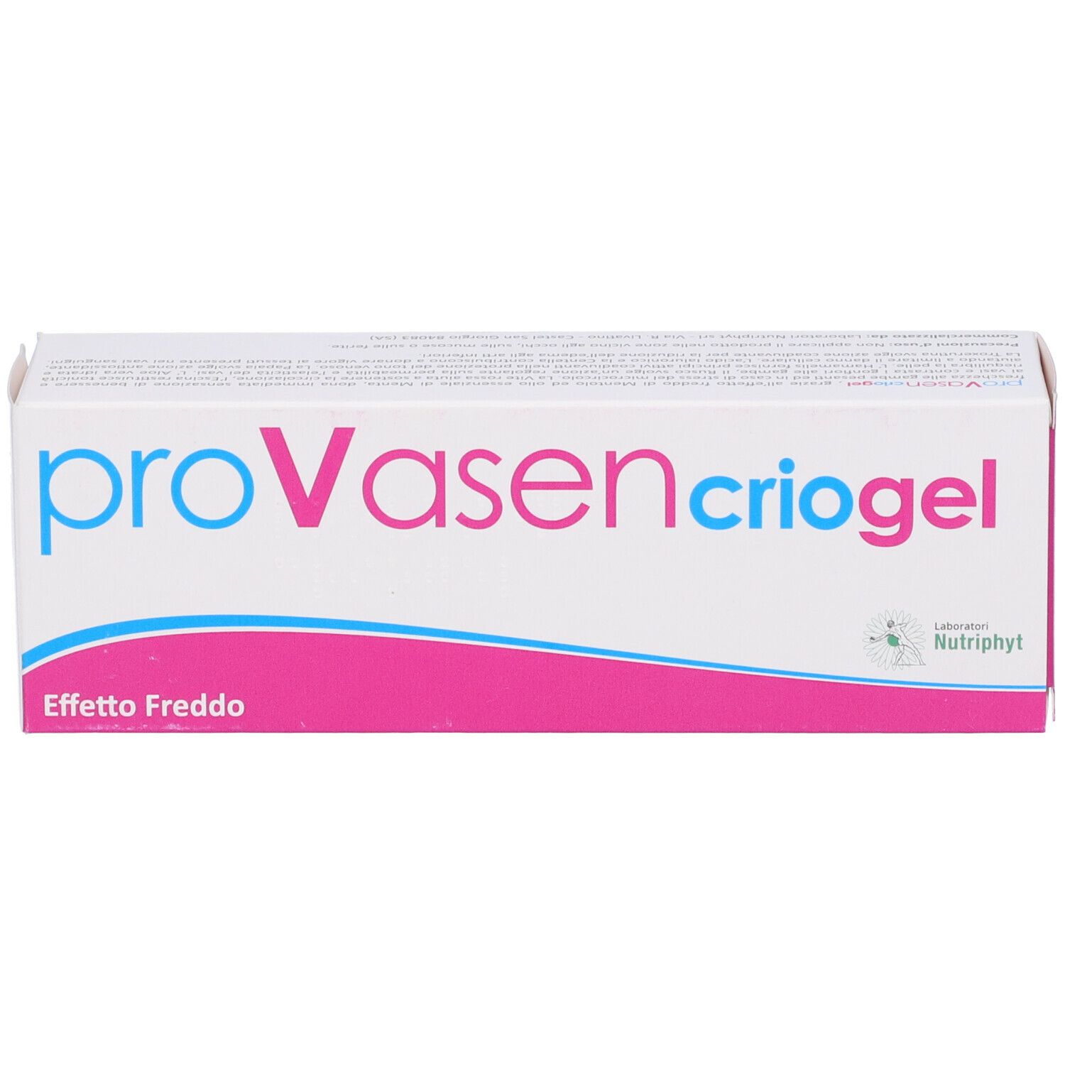 Confezione del prodotto con scritta rosa e blu. Scritta 'Provasen Criogel' e 'Effetto Freddo'.