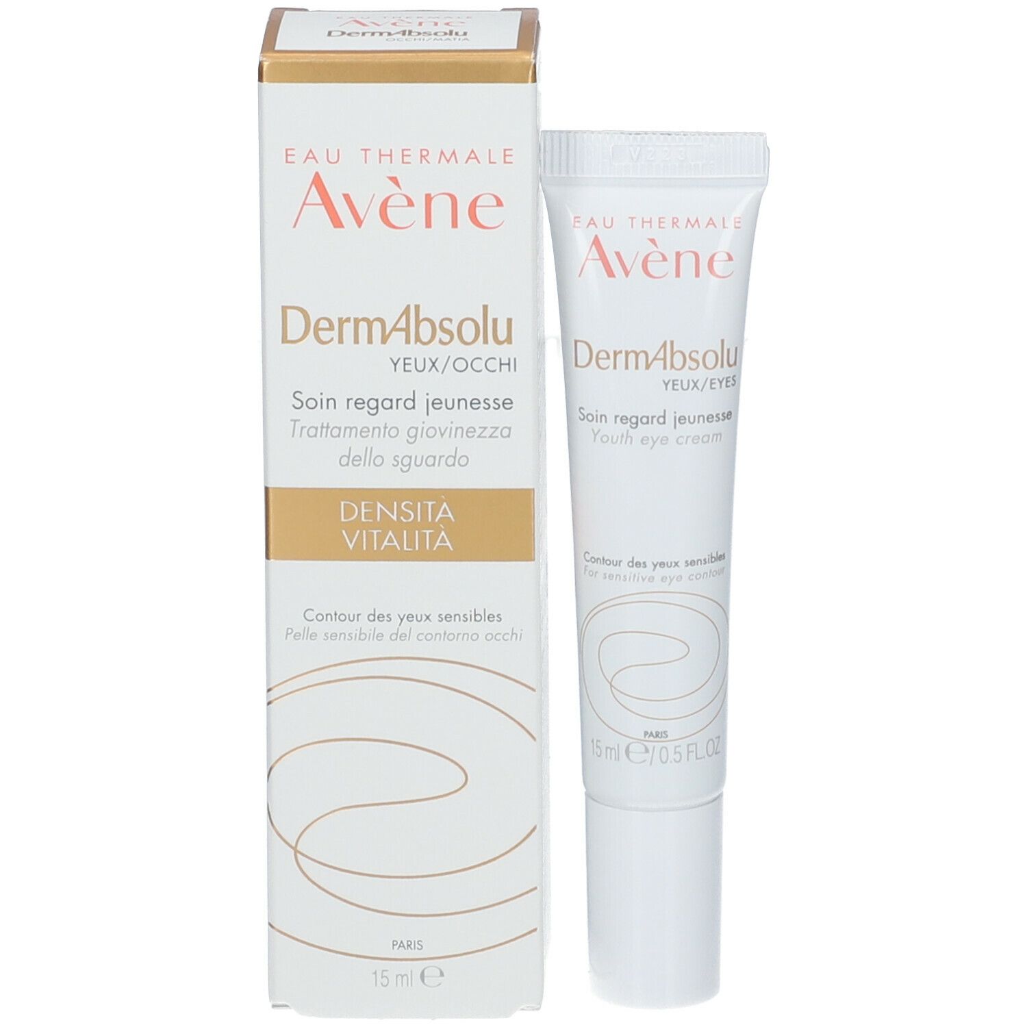 Scatola con tubo. Scritta: Eau Thermale Avène, DermAbsolu, Youth eye cream. 15 ml.