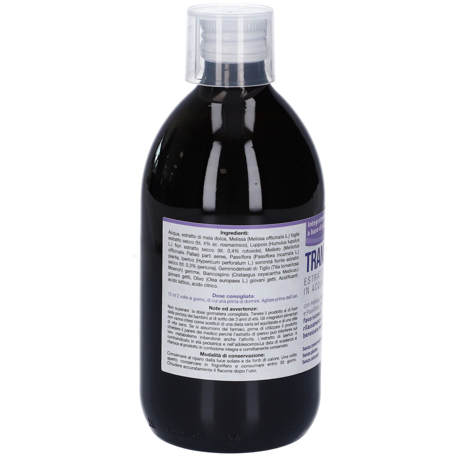 Retro di una bottiglia trasparente con liquido scuro. Etichetta con elenco dettagliato degli ingredienti e istruzioni per l'uso.