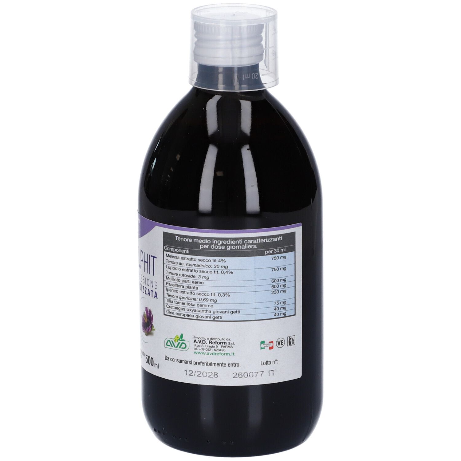 Bottiglia trasparente con liquido scuro ed etichetta. Include una tabella nutrizionale e informazioni sul prodotto.