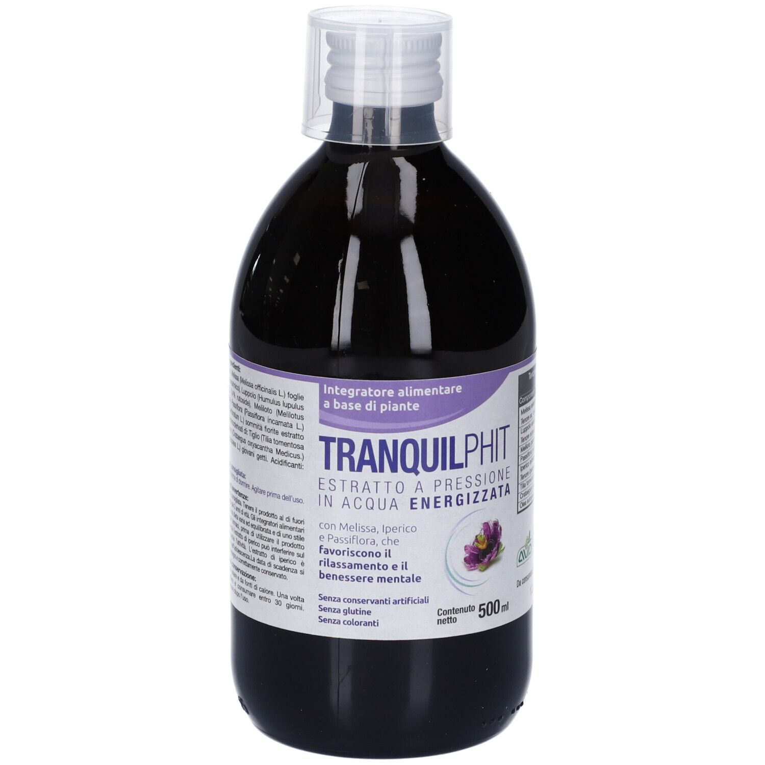 Bottiglia trasparente con liquido scuro ed etichetta, accanto alla confezione del prodotto aperta.