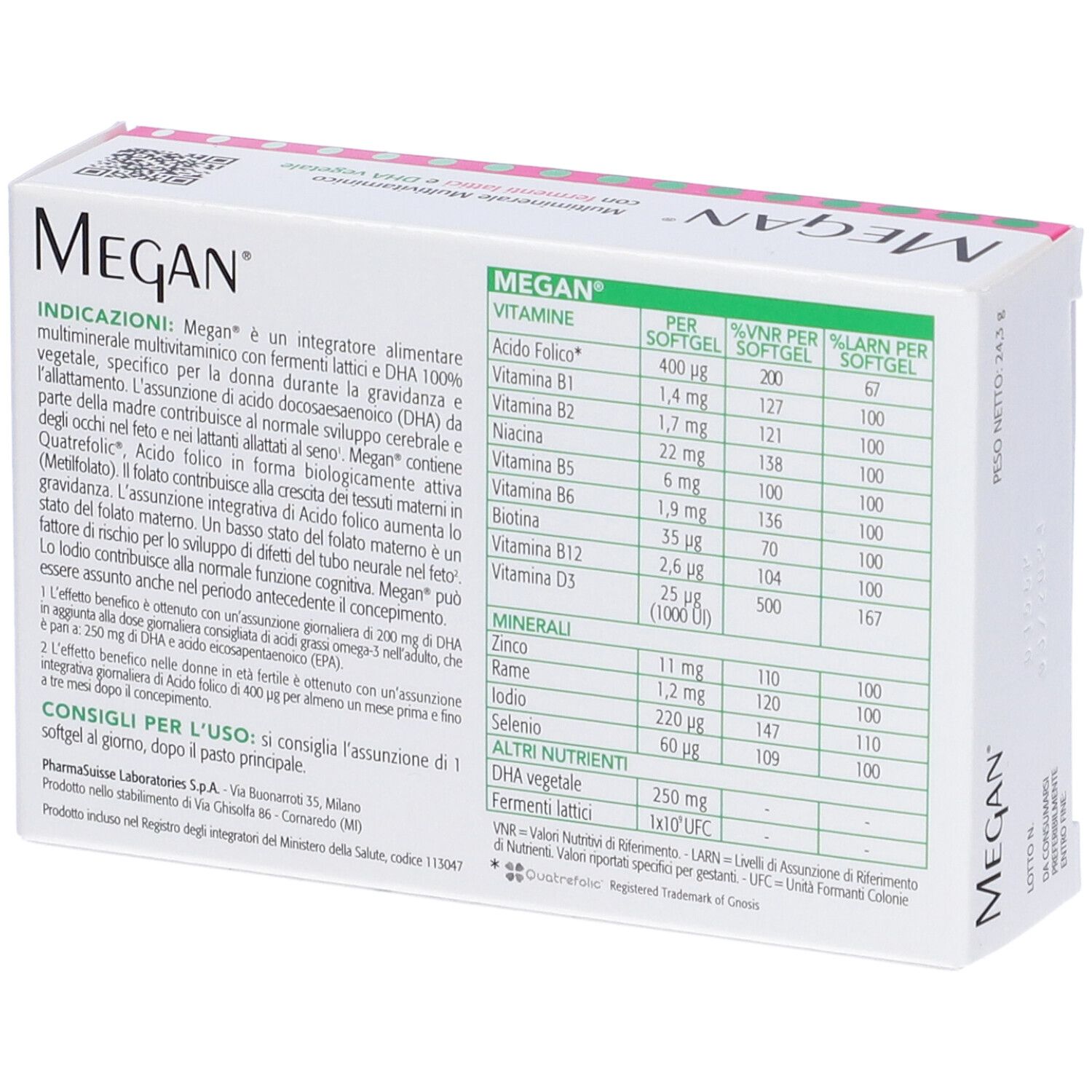 Retro della scatola 'Megan'. Tabella vitamine e minerali. Informazioni sugli ingredienti e valori nutrizionali.