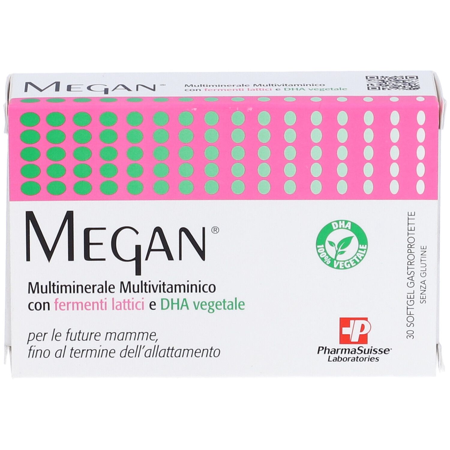Vista dall'alto della scatola 'Megan'. Design rosa e verde. Testo: Multiminerale, Multivitaminico, con Fermenti Lattici e DHA vegetale.