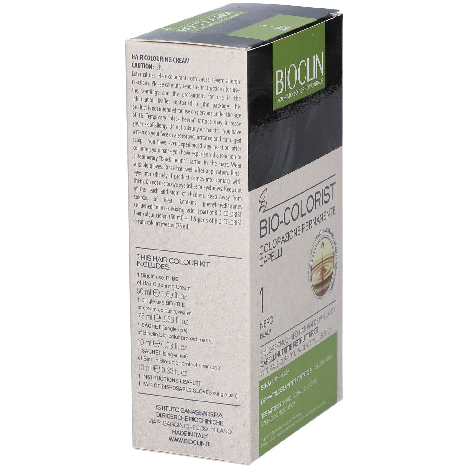 Confezione di tintura per capelli, "BIO-COLORIST" di BIOCLIN, tonalità Nero.