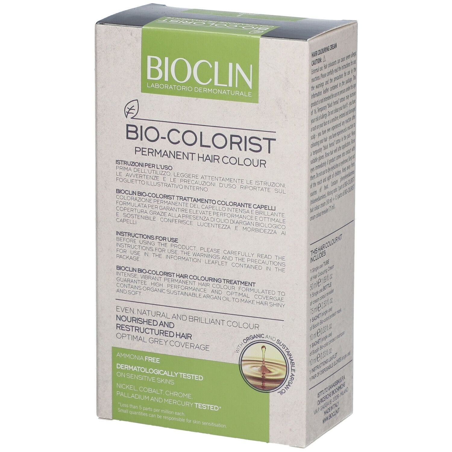 BIOCLIN Bio-Colorist. Confezione con testo. 'Permanent Hair Colour'. Scritta: 'Testato dermatologicamente'.
