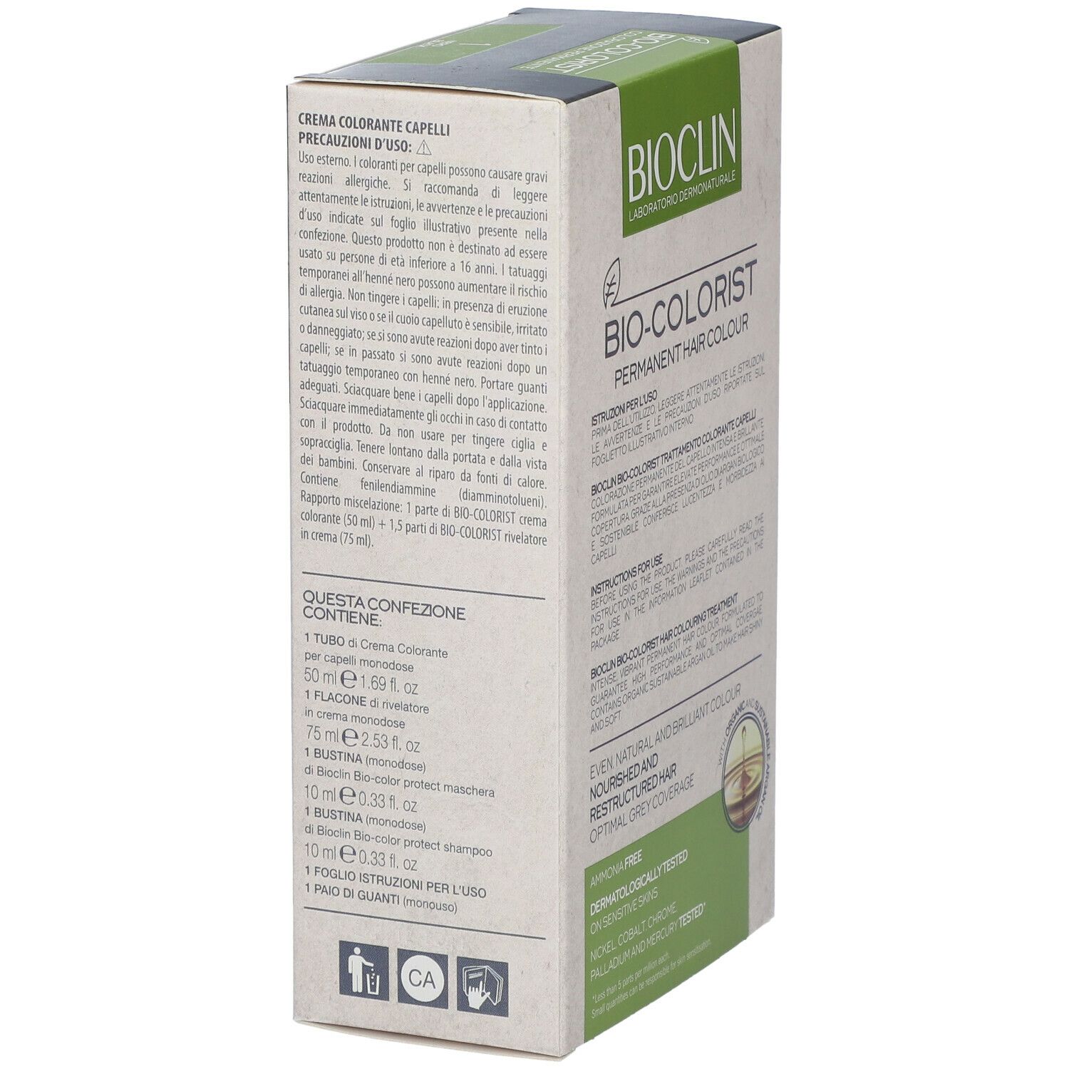 BIOCLIN Bio-Colorist 4. Confezione con testo. Contiene: crema, flacone, bustina, istruzioni. 'Testato dermatologicamente'.