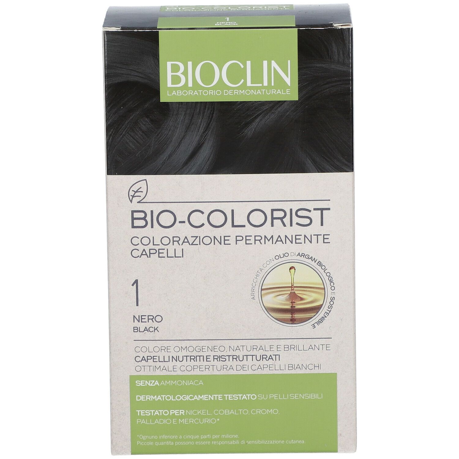 BIOCLIN Bio-Colorist 1 Nero. Confezione di tinta per capelli nera. Scritta: 'Colorazione Permanente Capelli'.